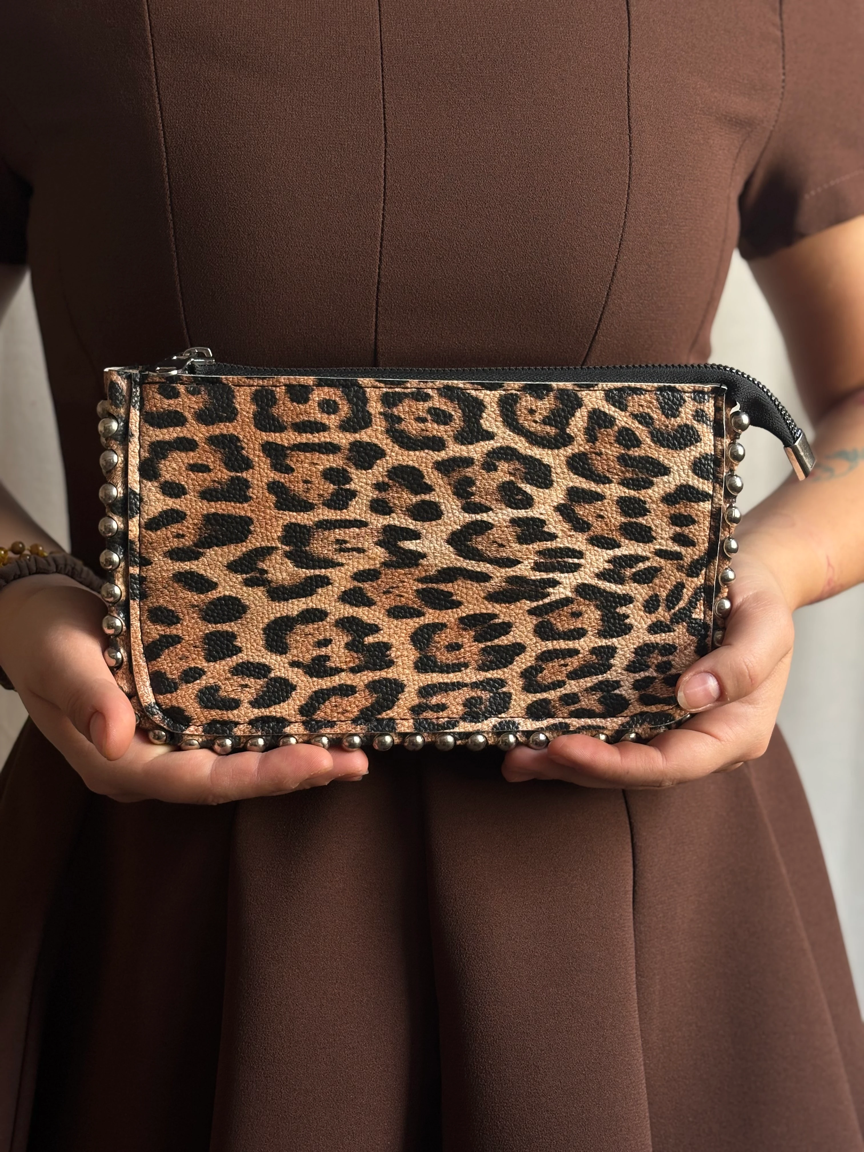 Taşlı Küçük Deri Çanta - Leopar