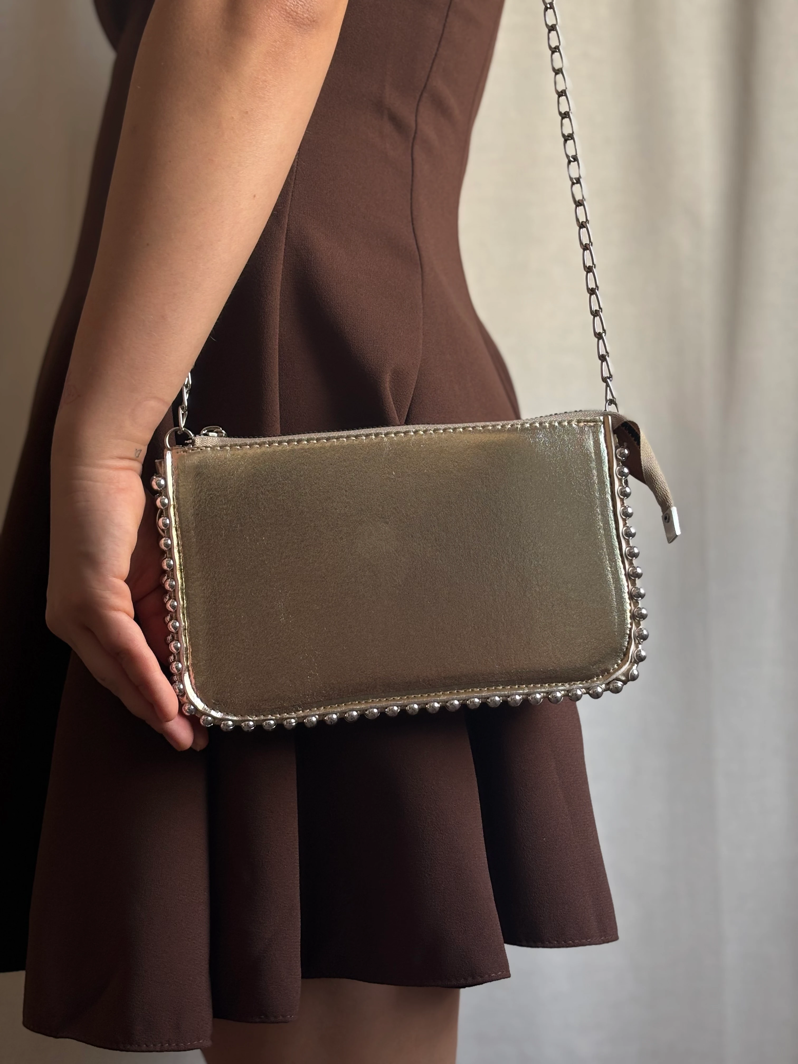 Taşlı Küçük Deri Çanta - Gold