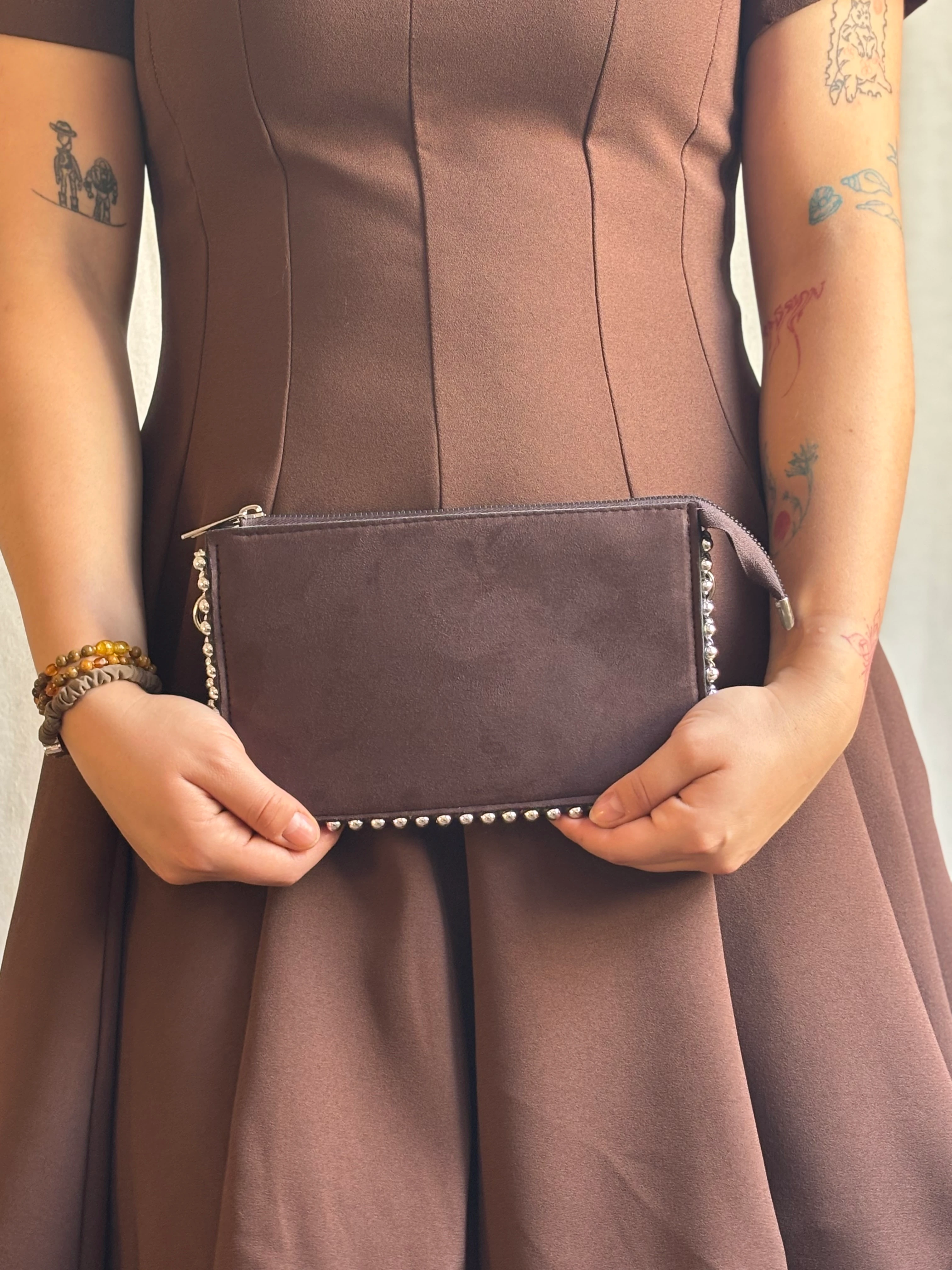 Taşlı Küçük Süet Çanta - Acı Kahve