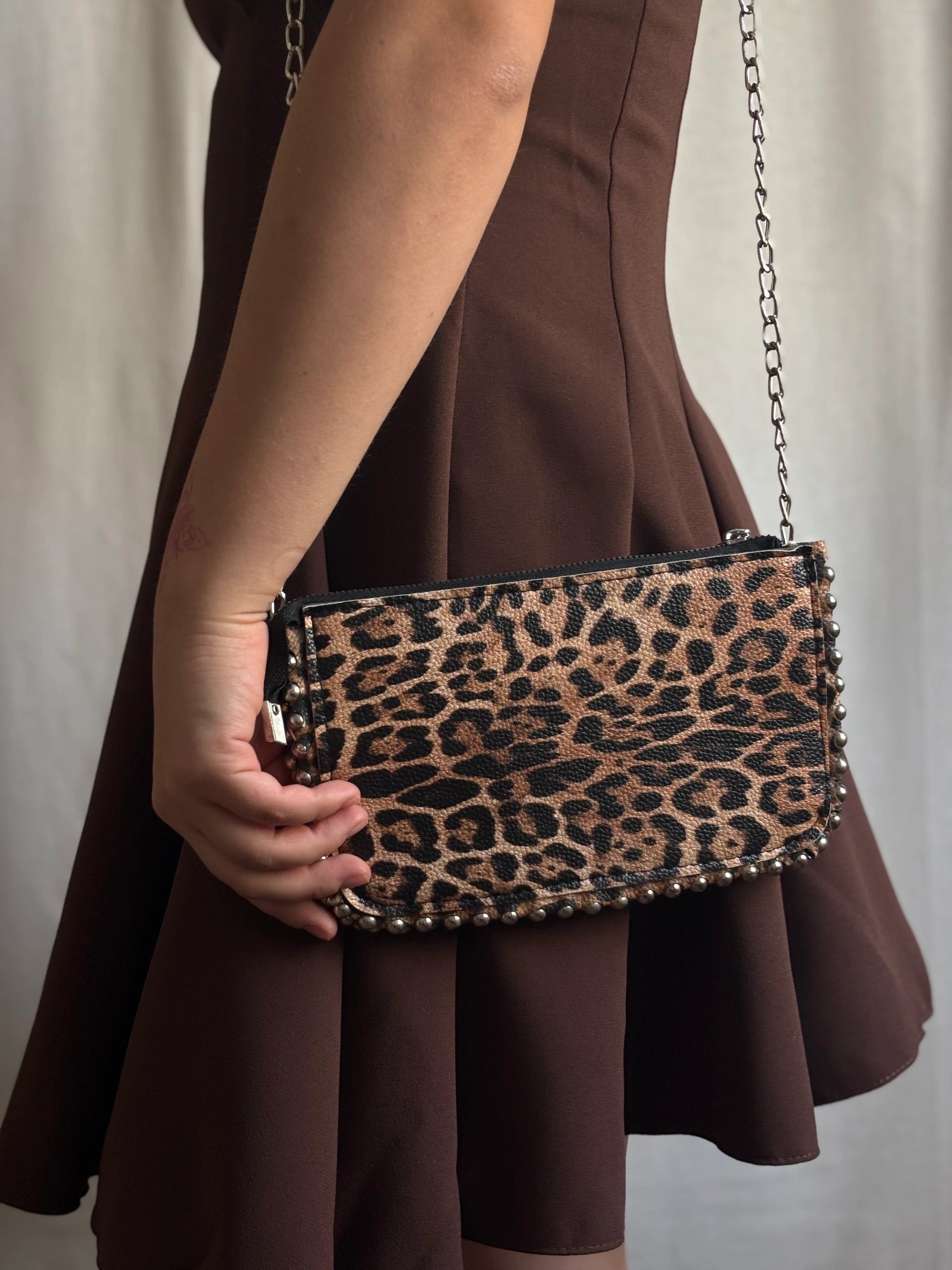 Taşlı Küçük Deri Çanta - Leopar