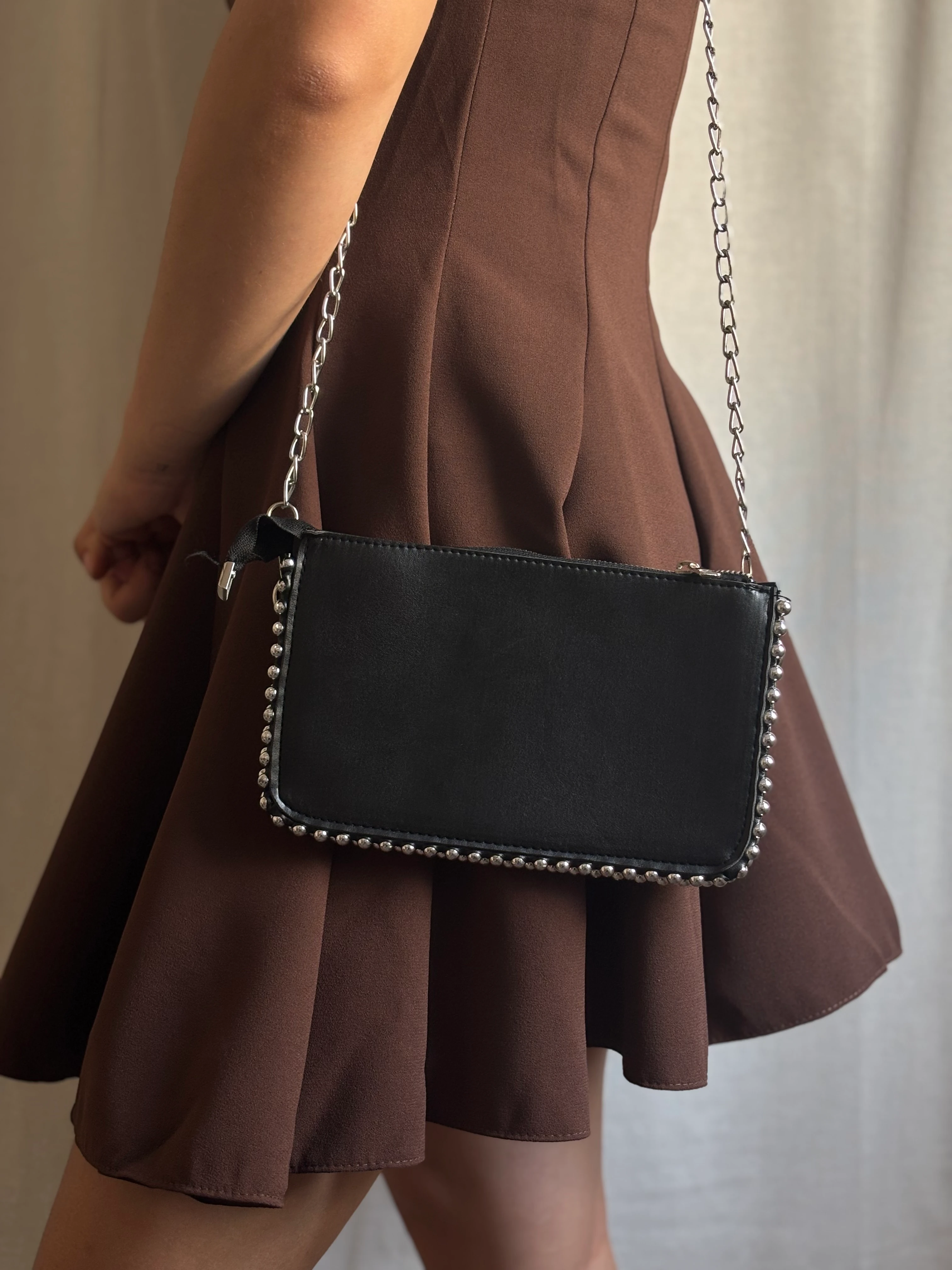 Taşlı Küçük Deri Çanta - Siyah