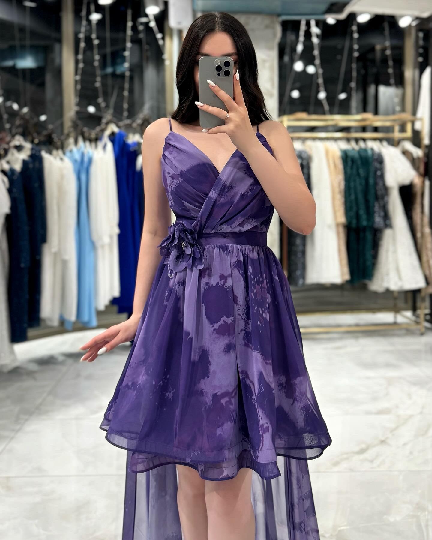 Melena Eteği Kloş Kuyruklu Şifon Mini Elbise Mor
