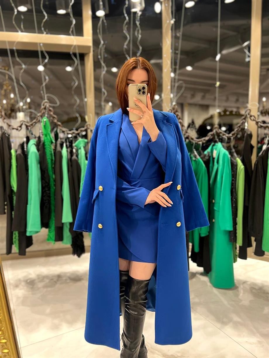 Karen Gold  Düğmeli Kruvaze Yaka Yun Karışımlı Tüylenmez Kaşe Kaban Saks Mavi