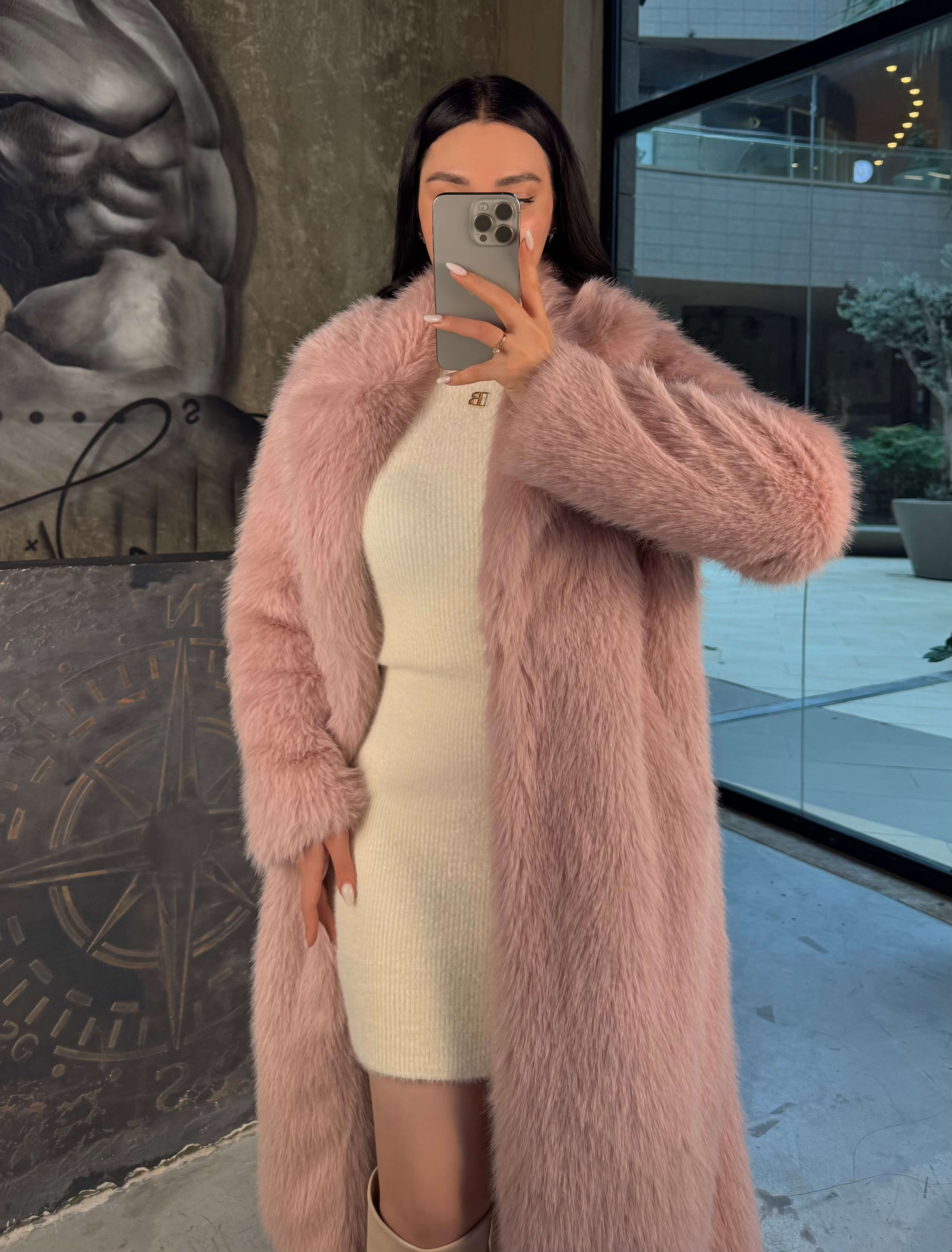 Loyra Kruvaze Yaka Uzun Kürk Kaban Pudra