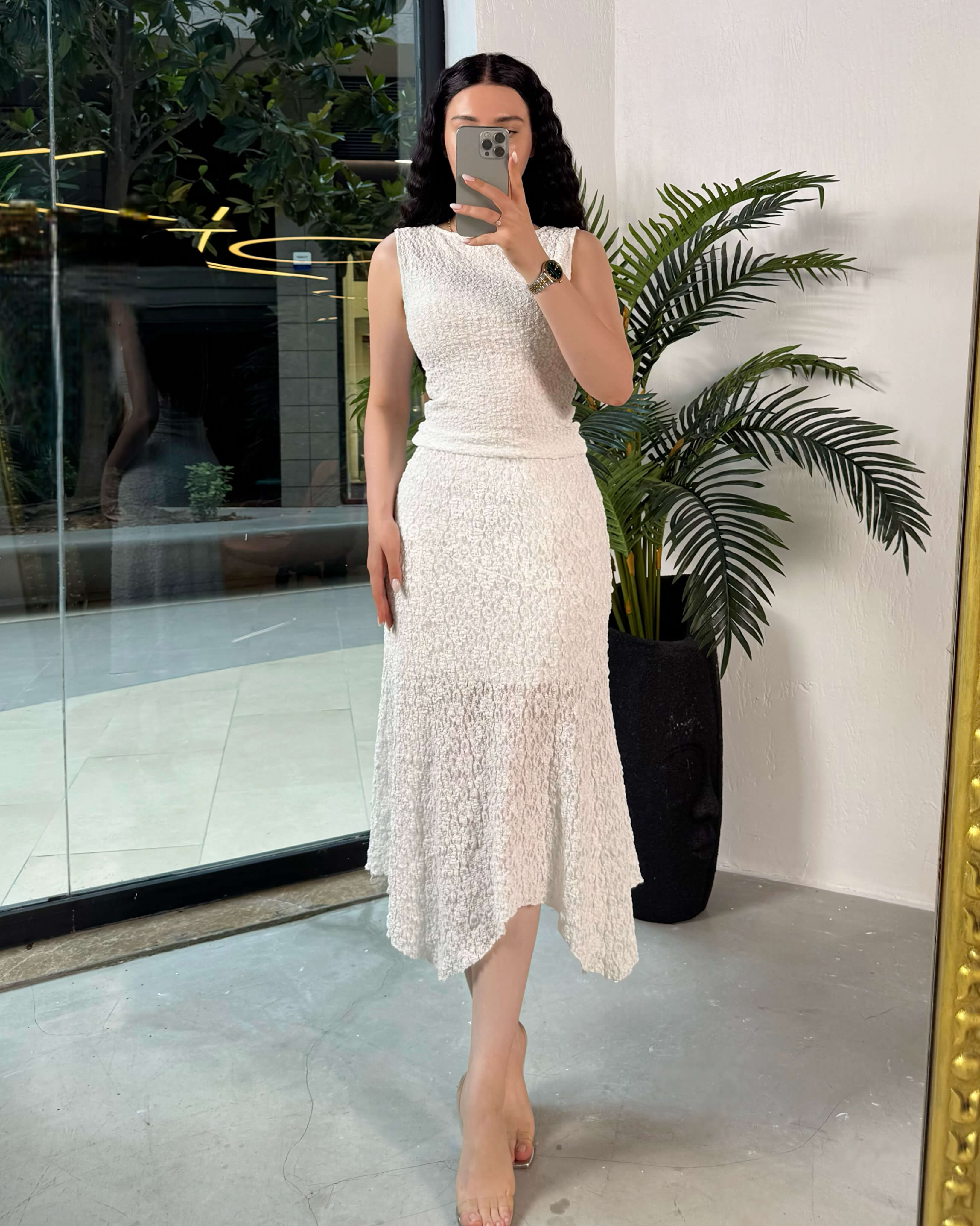 Almi Dantel Midi Boy Asimetrik Astarlı Etek Beyaz