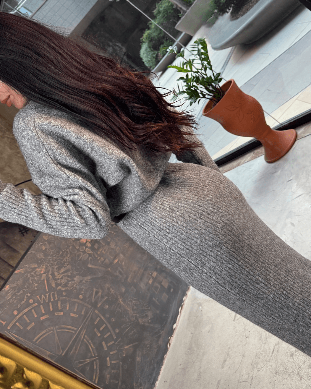 Maya Yarasa Uzun Kol Eteği Fitilli Midi Boy Triko Elbise Füme Melanj