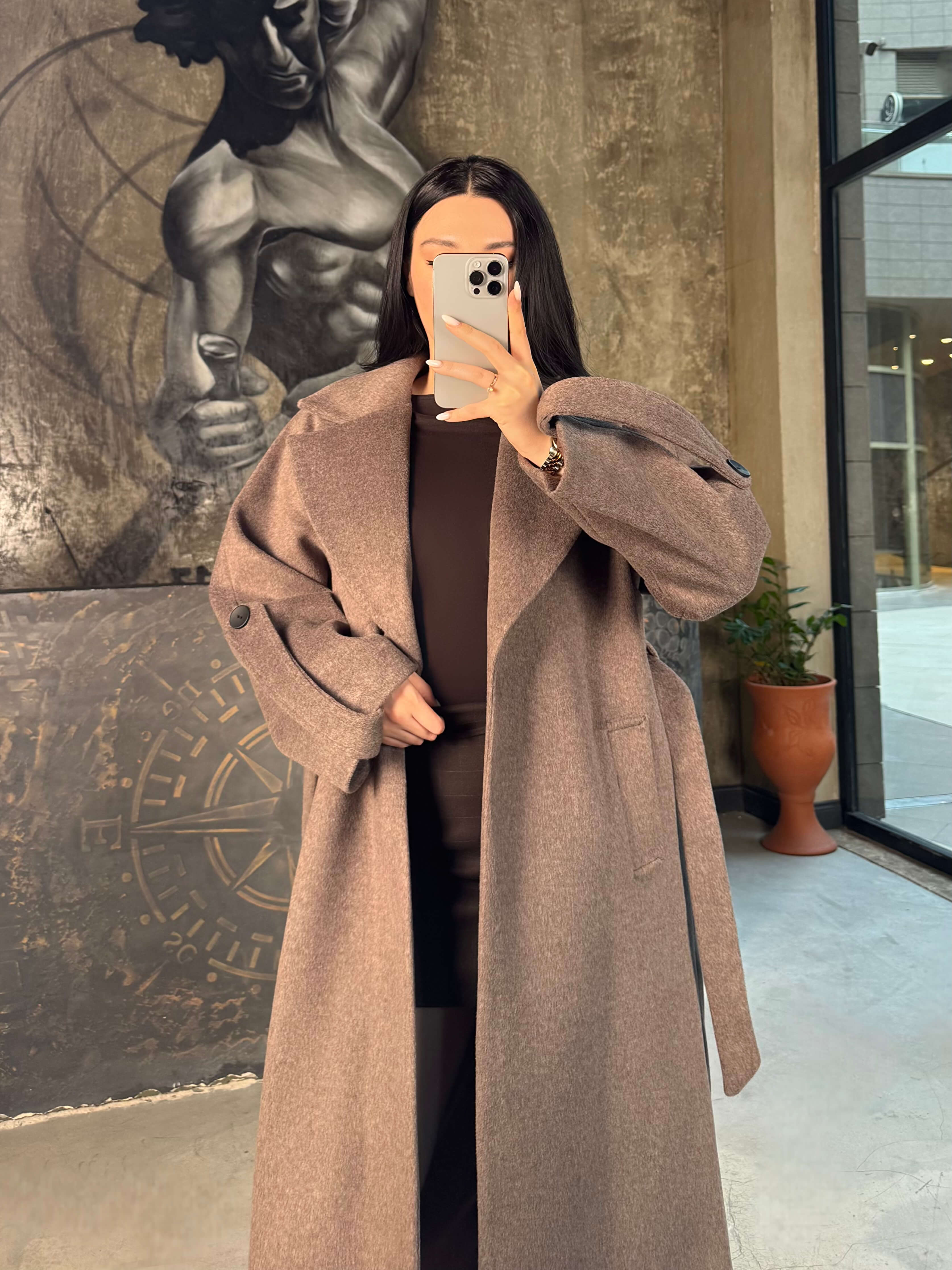 Tarian Kolları Yan Apoletli Yun Karışımlı Kuşaklı Düğmeli Rahat Kalıp Kaban Kahve