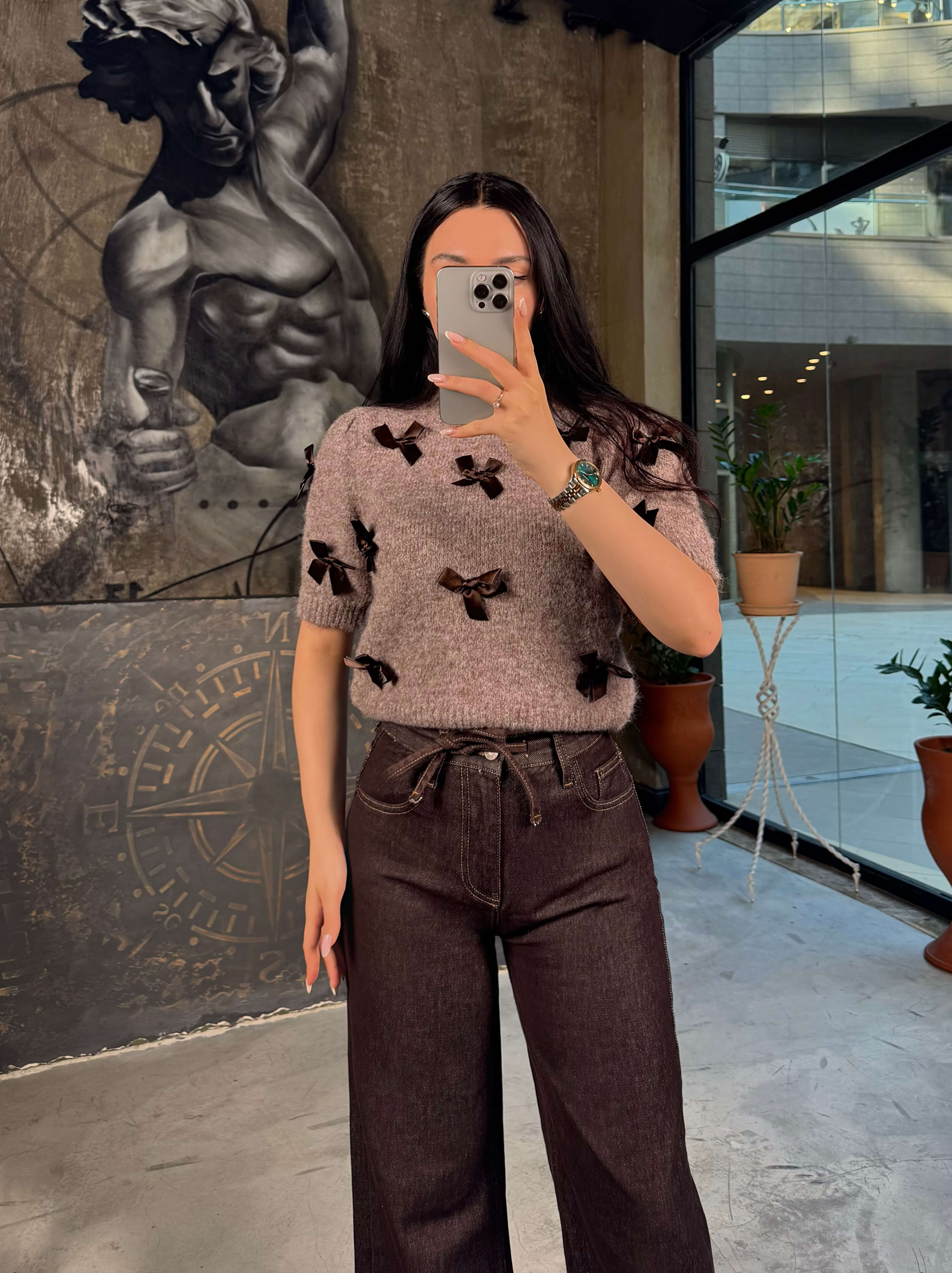 Eyla Bisiklet Yaka Fiyonk Detaylı Kısa Kol Triko Kazak Kahve