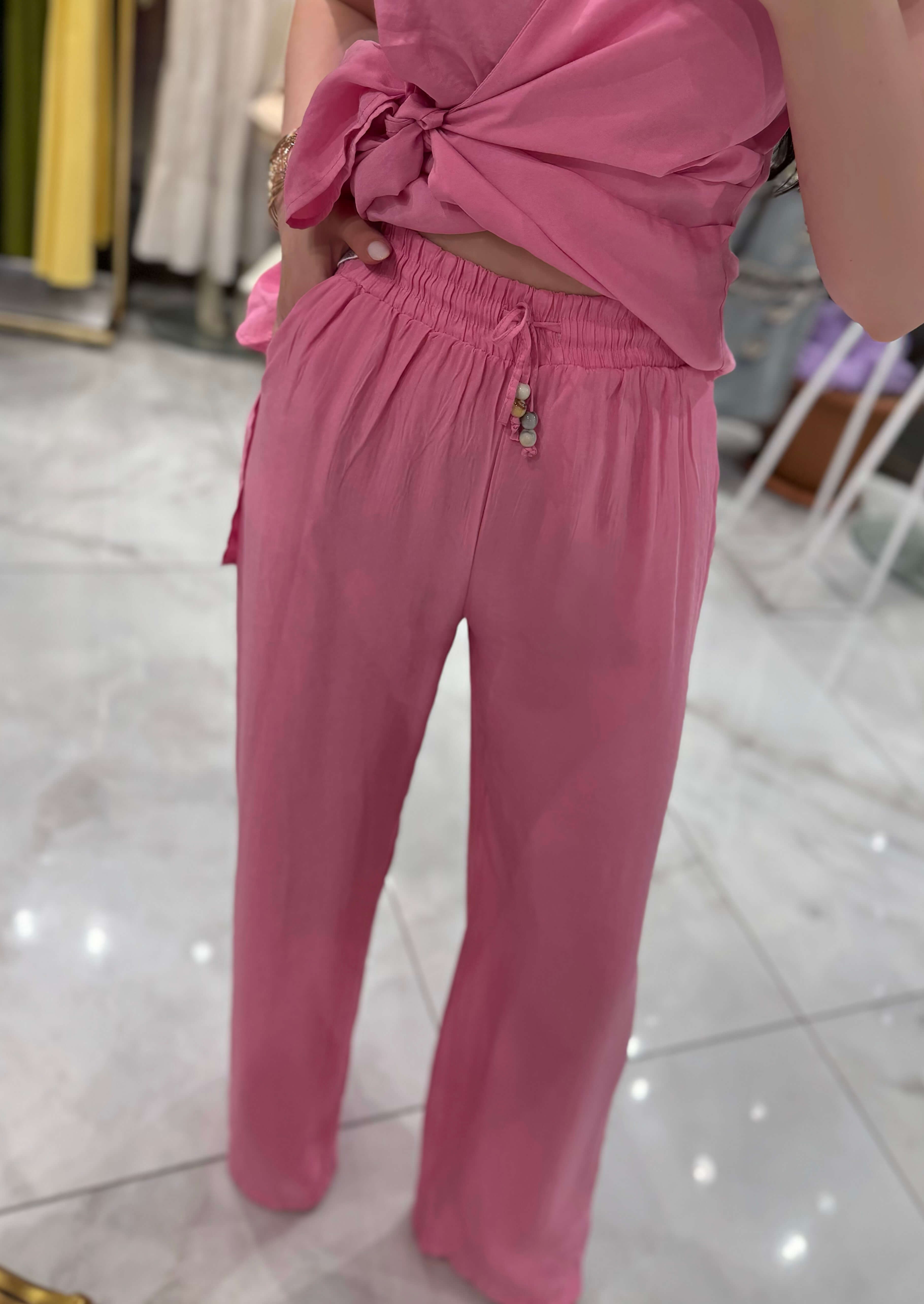 Tarni Beli Lastiklı Rahat Kalıp Bol Paça Pantolon Pembe