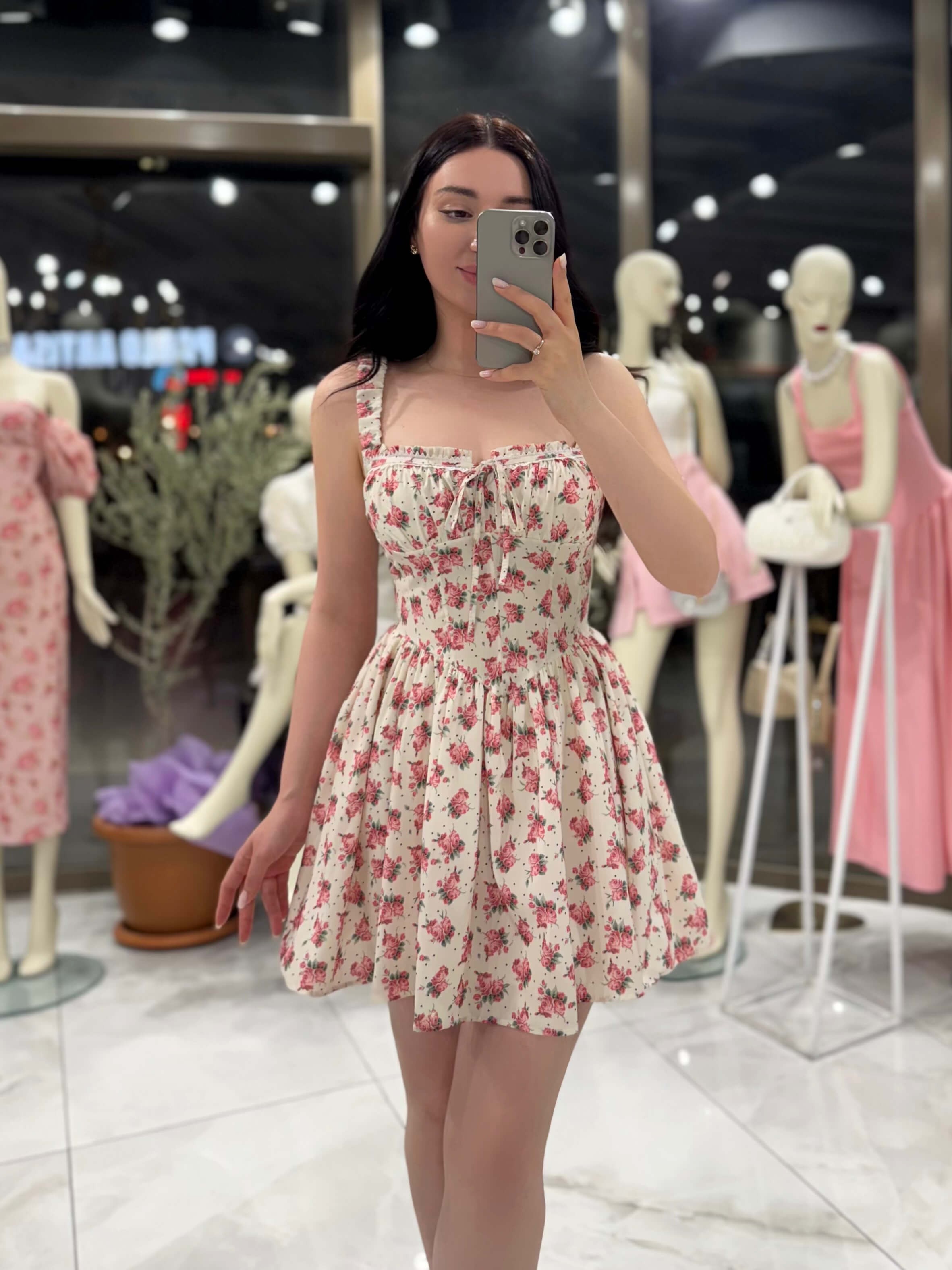Sweety Önü Bağlamalı Çiçek Desenli Mini Elbise Krem