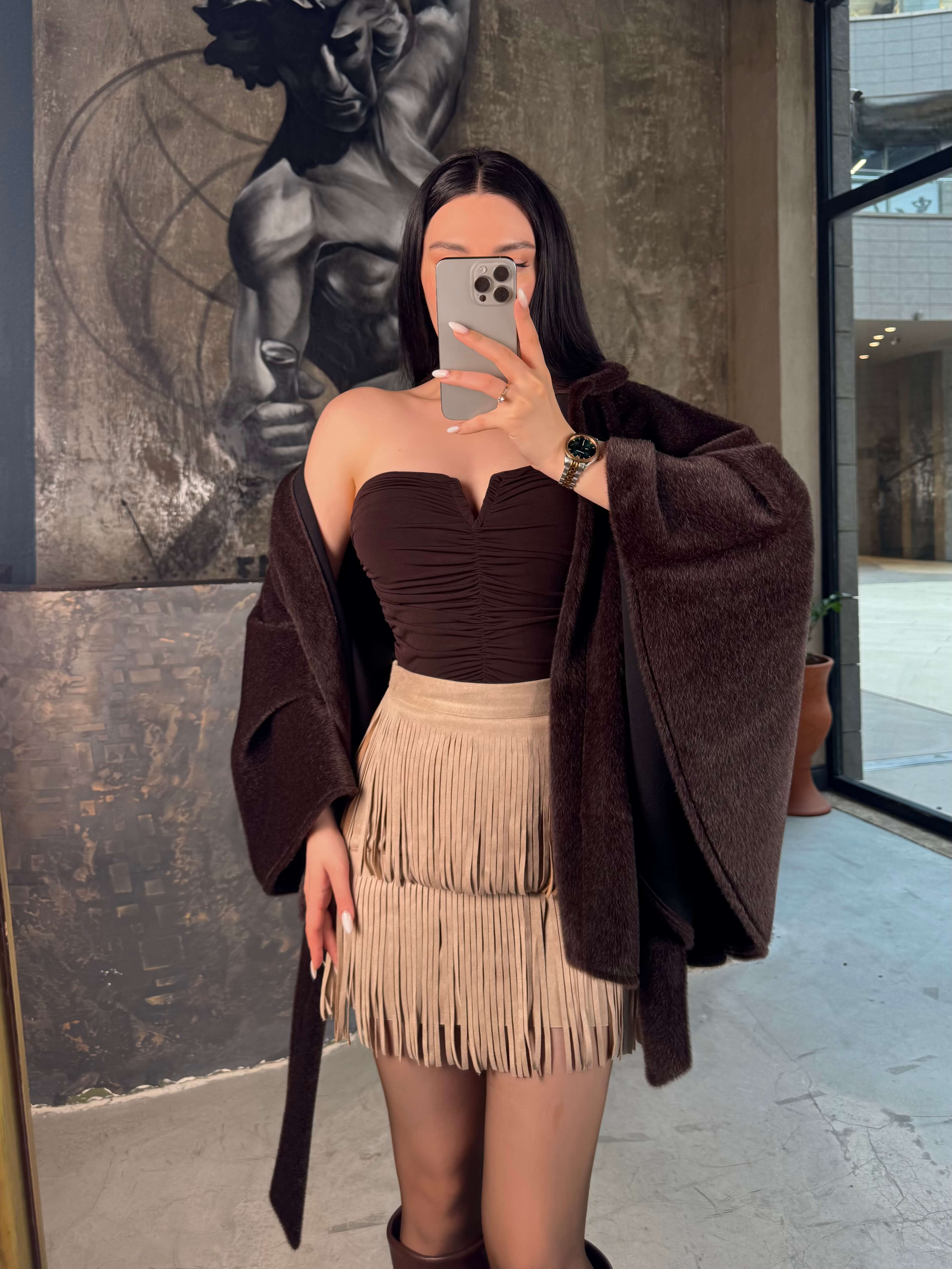 Mayıra Püskülü Süet Mini Etek Taş