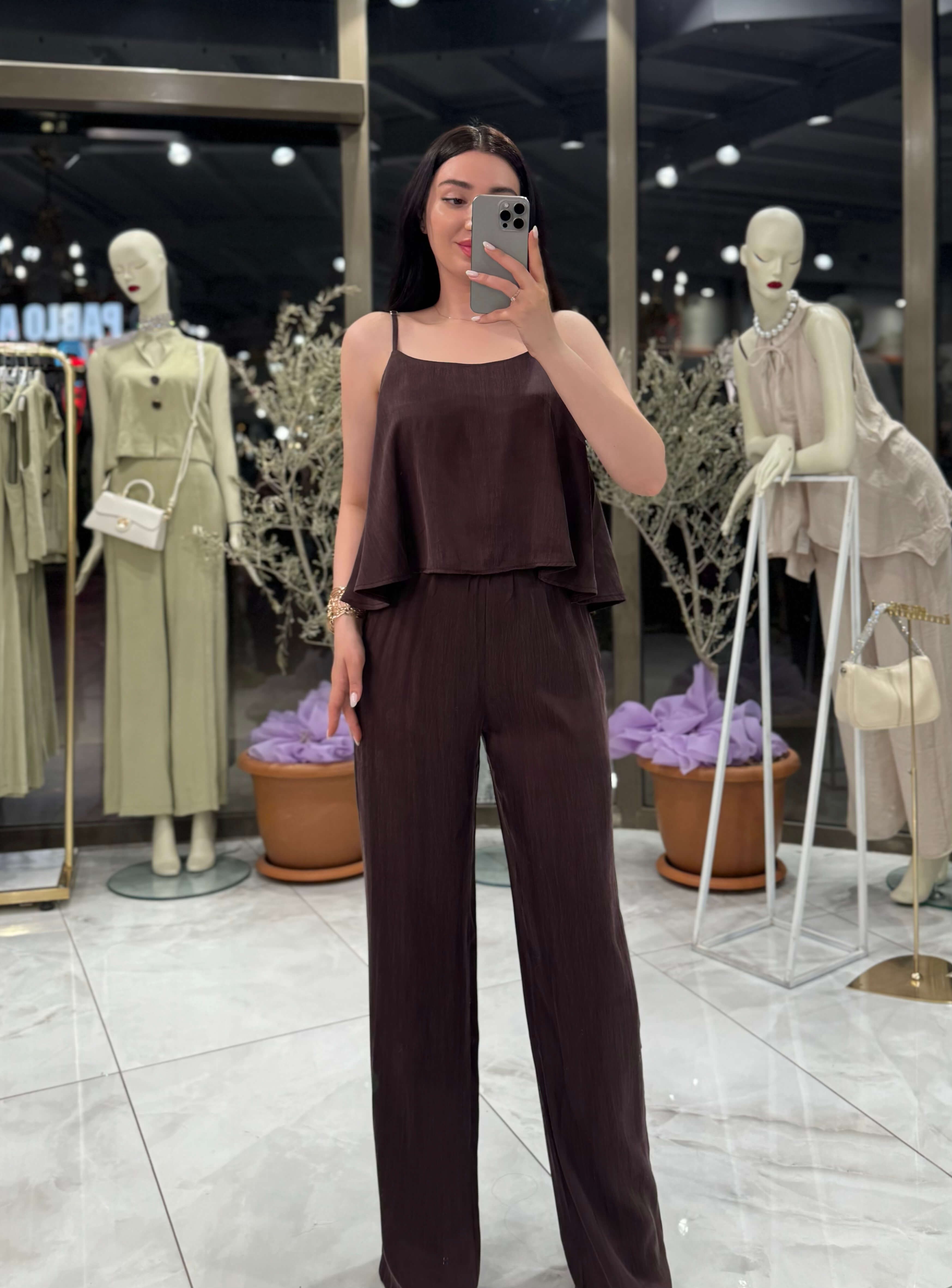 Astel Askılı Bluz Pantolon Takımı Kahve
