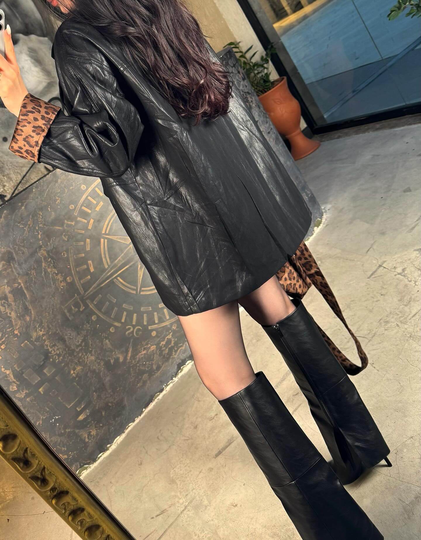 Arven Çantalı Astarı Leopar Vintage Deri  Ceket Siyah