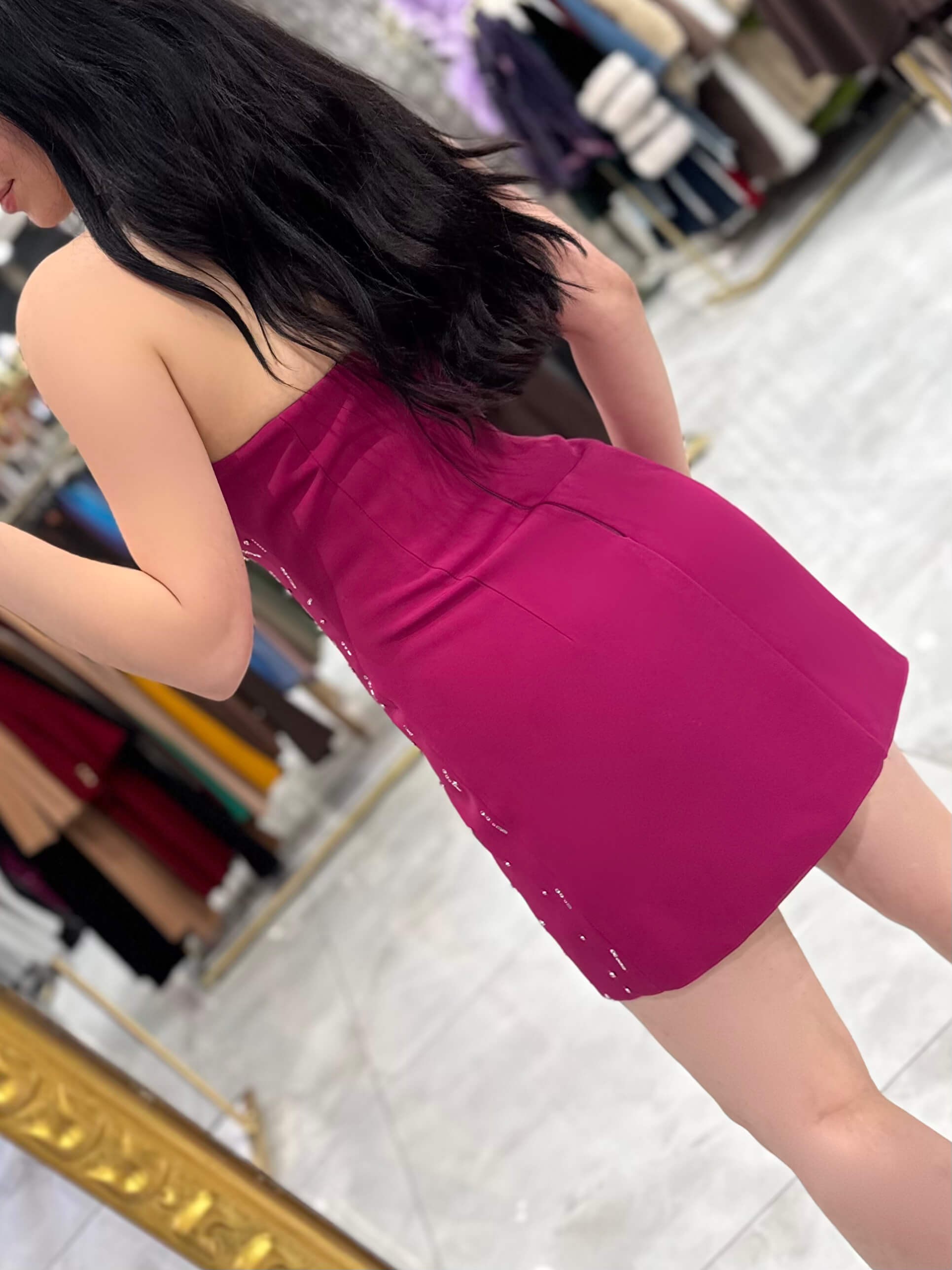 Janiya Özel Tasarım Ful Taş İşlemeli Göğüs Pedli Ve Bantlı Mİni Boy Elbise Fuşya