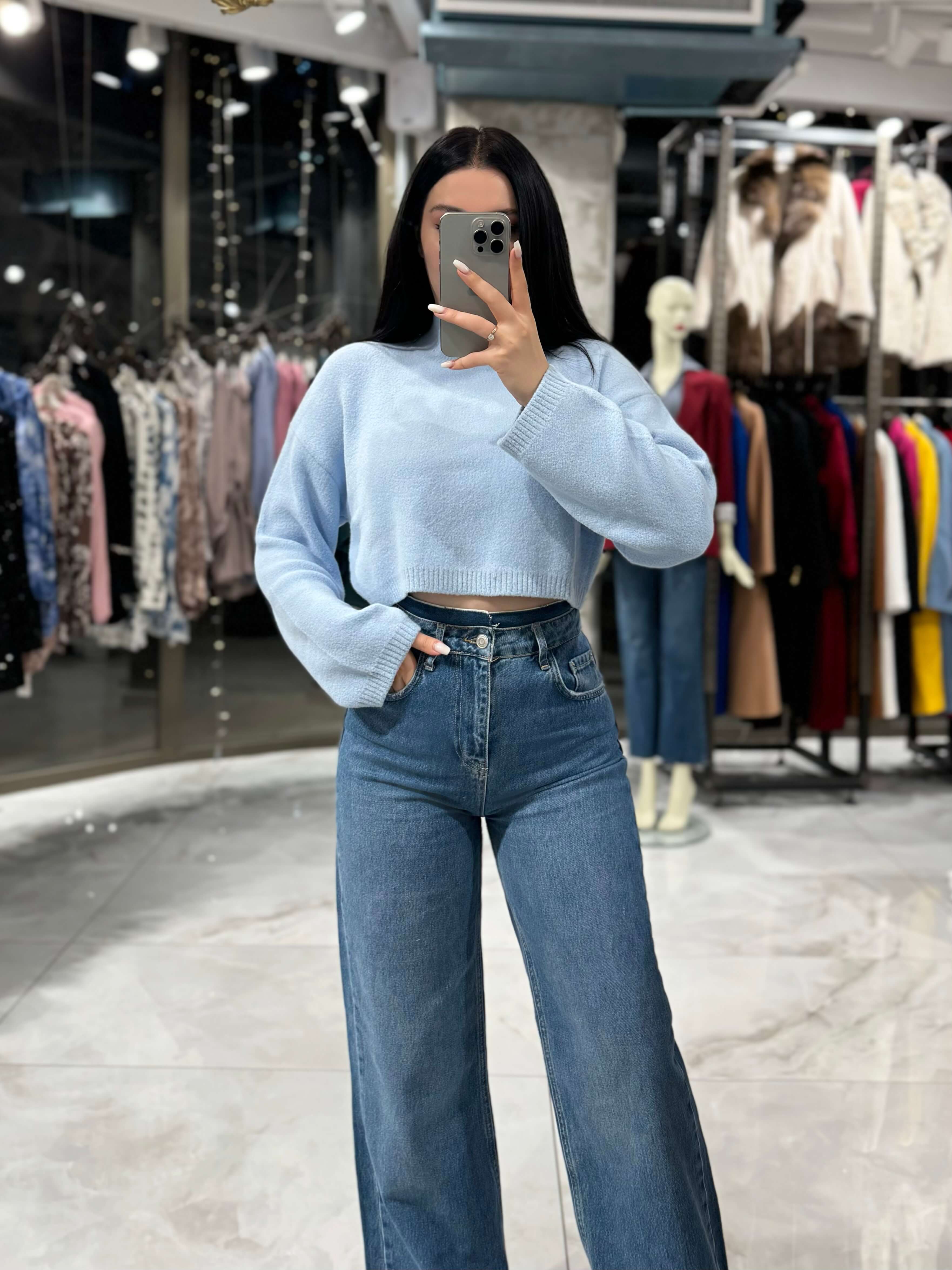 Marina Dik Yaka Crop Kazak-Bebe Mavi