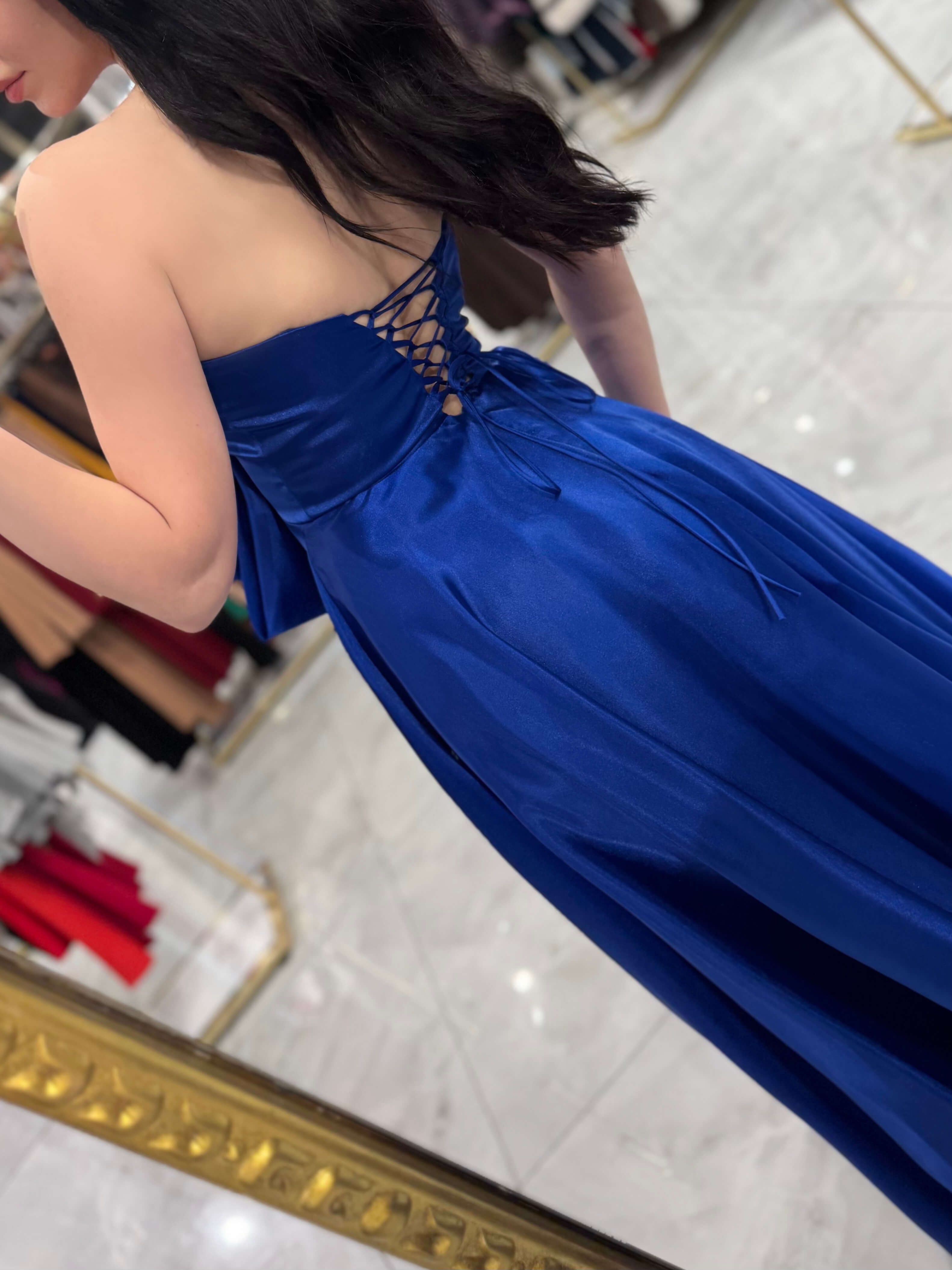 Kailey Straplez Büyük Fiyonk Detaylı Saten Uzun Elbise Saks Mavi