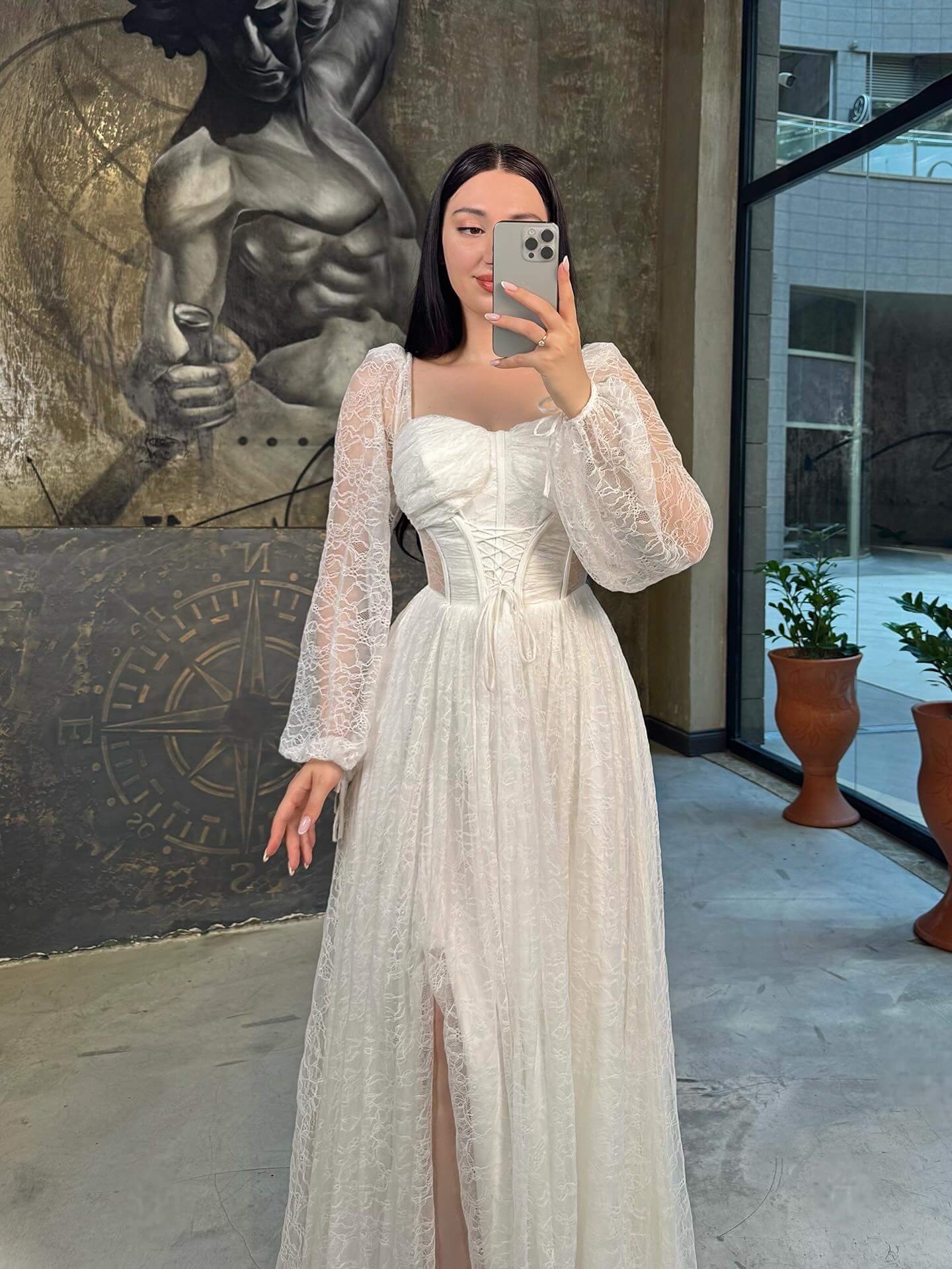 Daliya Dantelli Balon Uzun Kol Korseli Önü Yırtmaçlı Abiye Beyaz