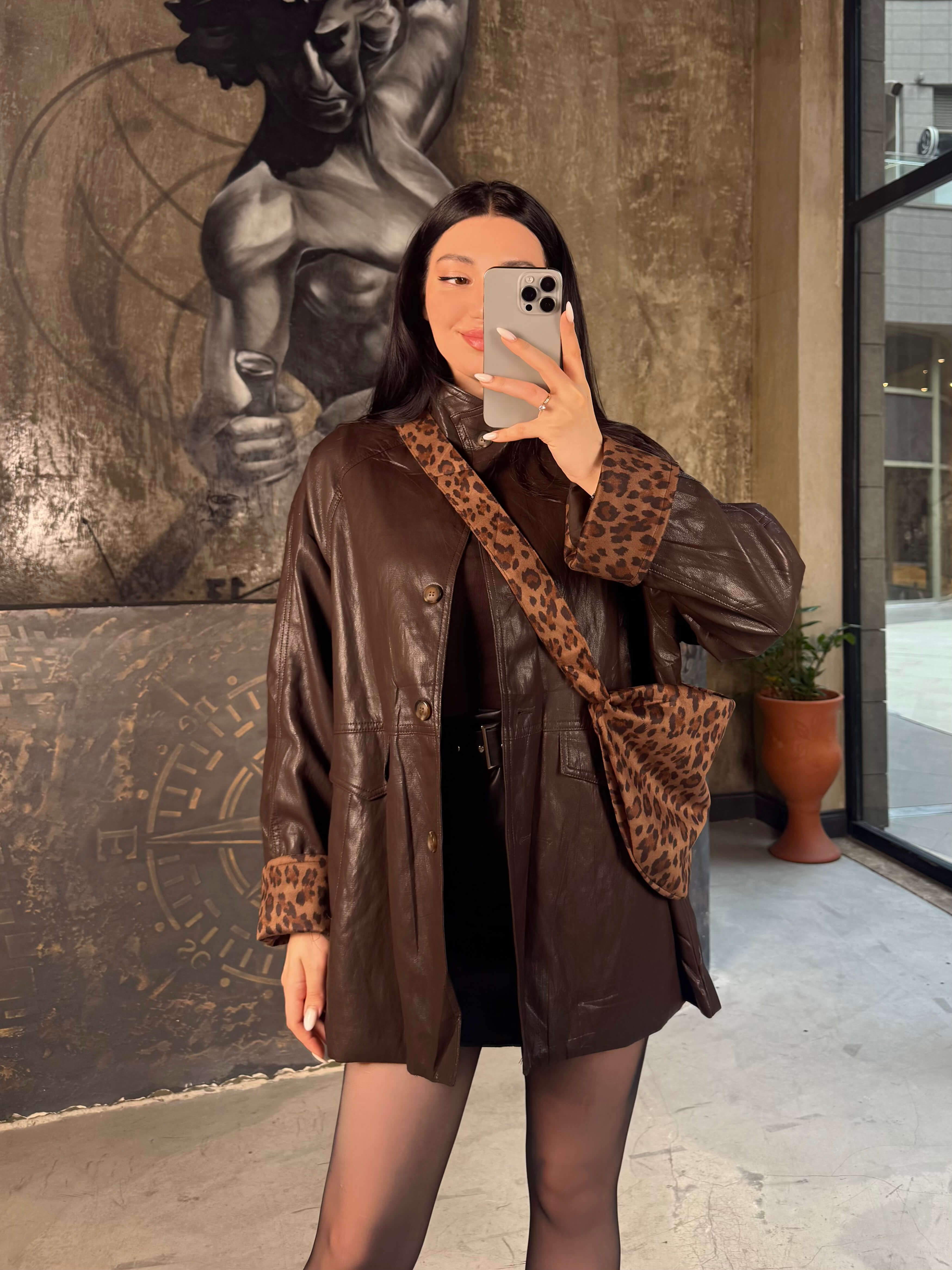 Arven Çantalı Astarı Leopar Vintage Deri  Ceket Kahve
