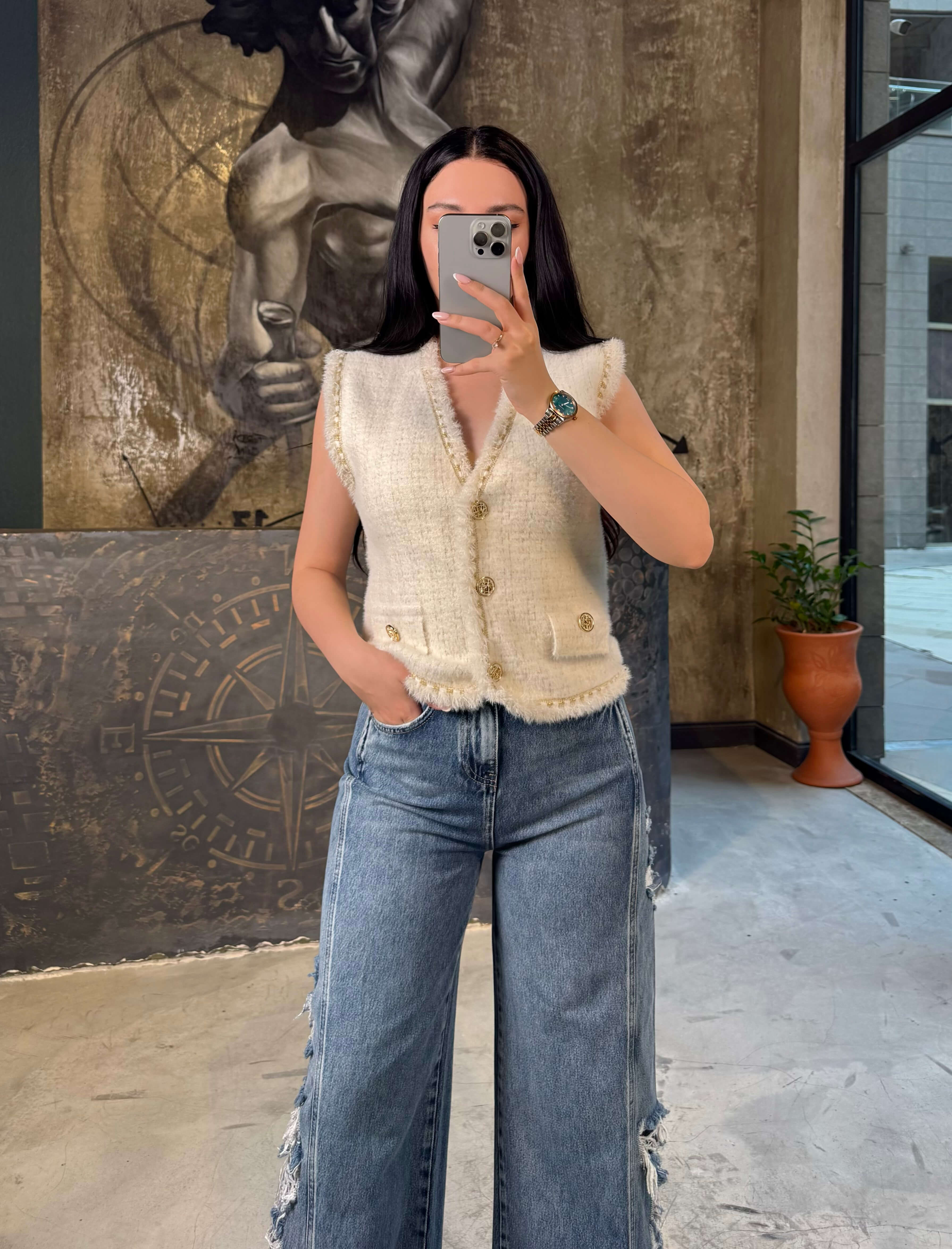 Charmy Angora Gold Düğmeli Yelek Krem