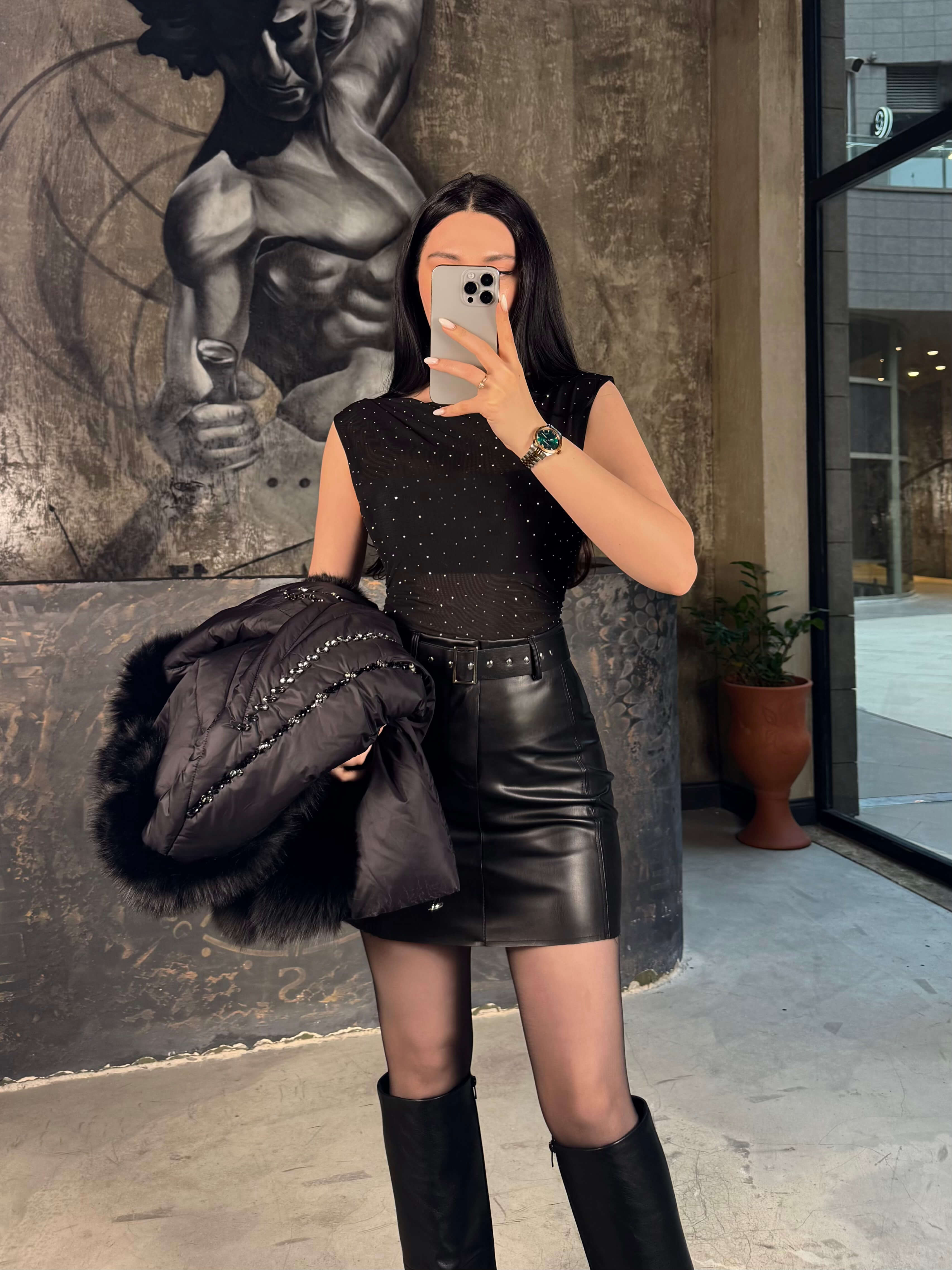 Dina Kolsuz Tül Taş İşlemeli Bodysuit Siyah