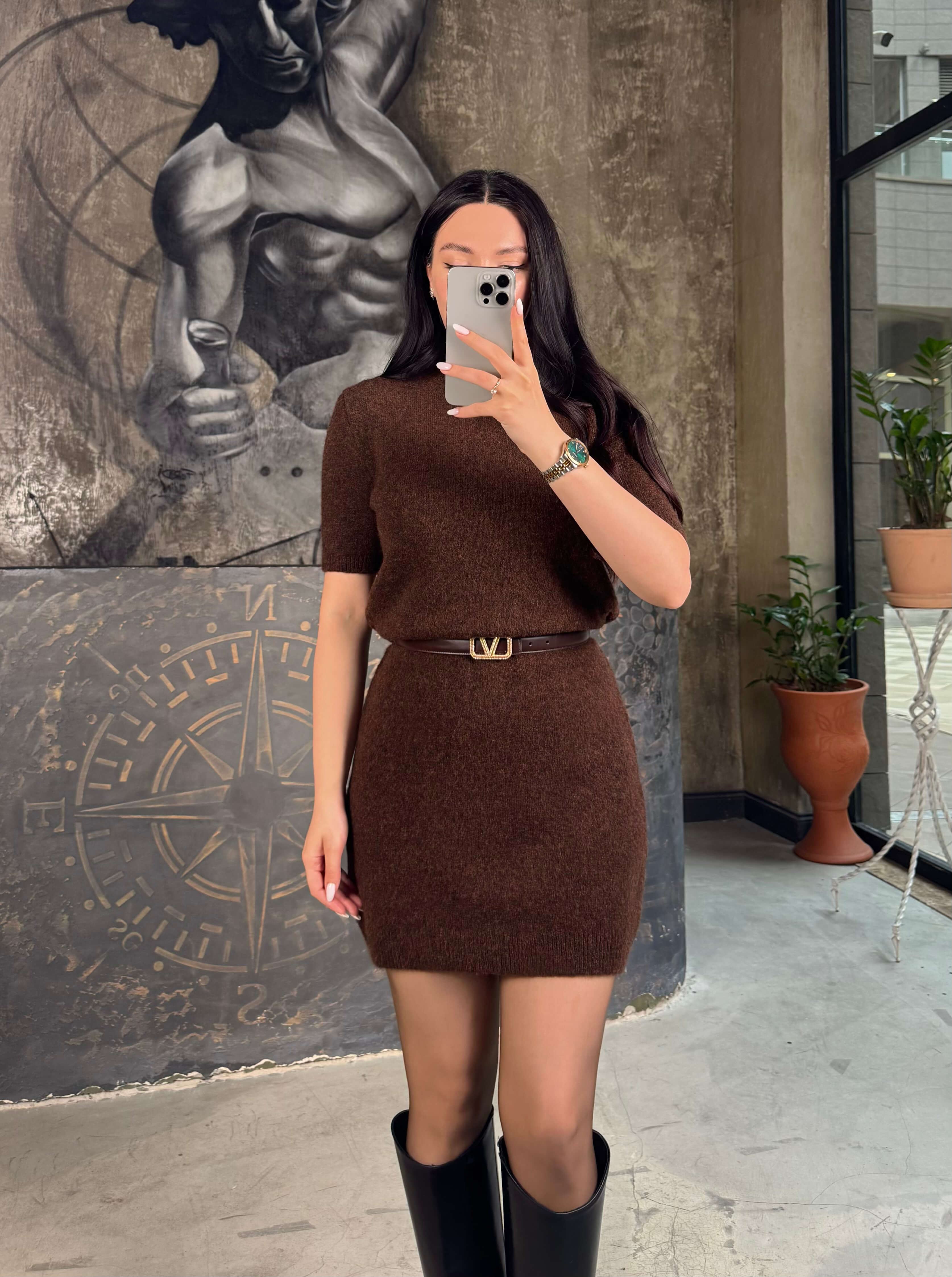 Tina Bisiklet Yaka Kısa Kol Mini Yumuşak Dokulu Triko Elbise Kahve Melanj