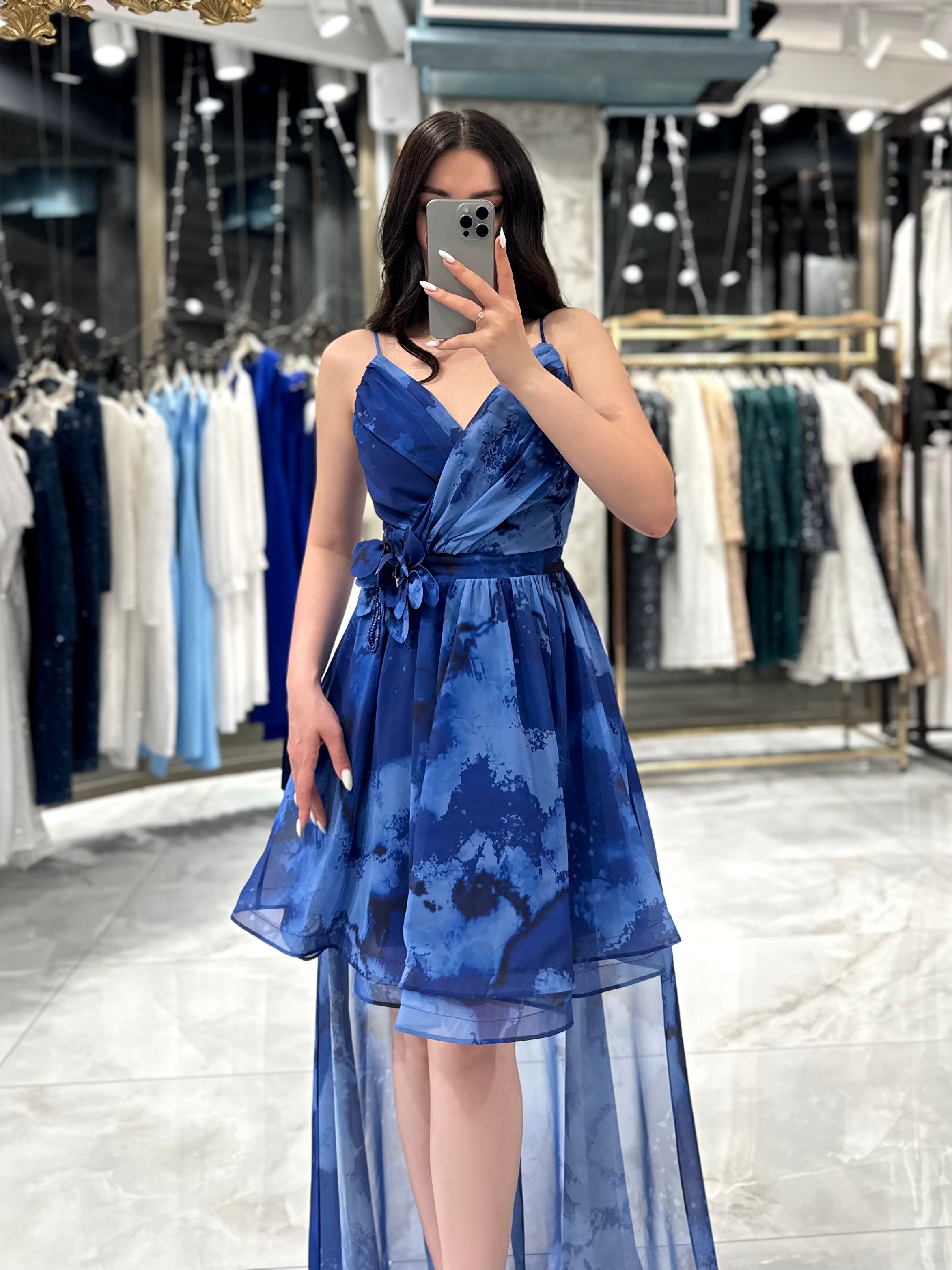 Melena Eteği Kloş Kuyruklu Şifon Mini Elbise Saks Mavi