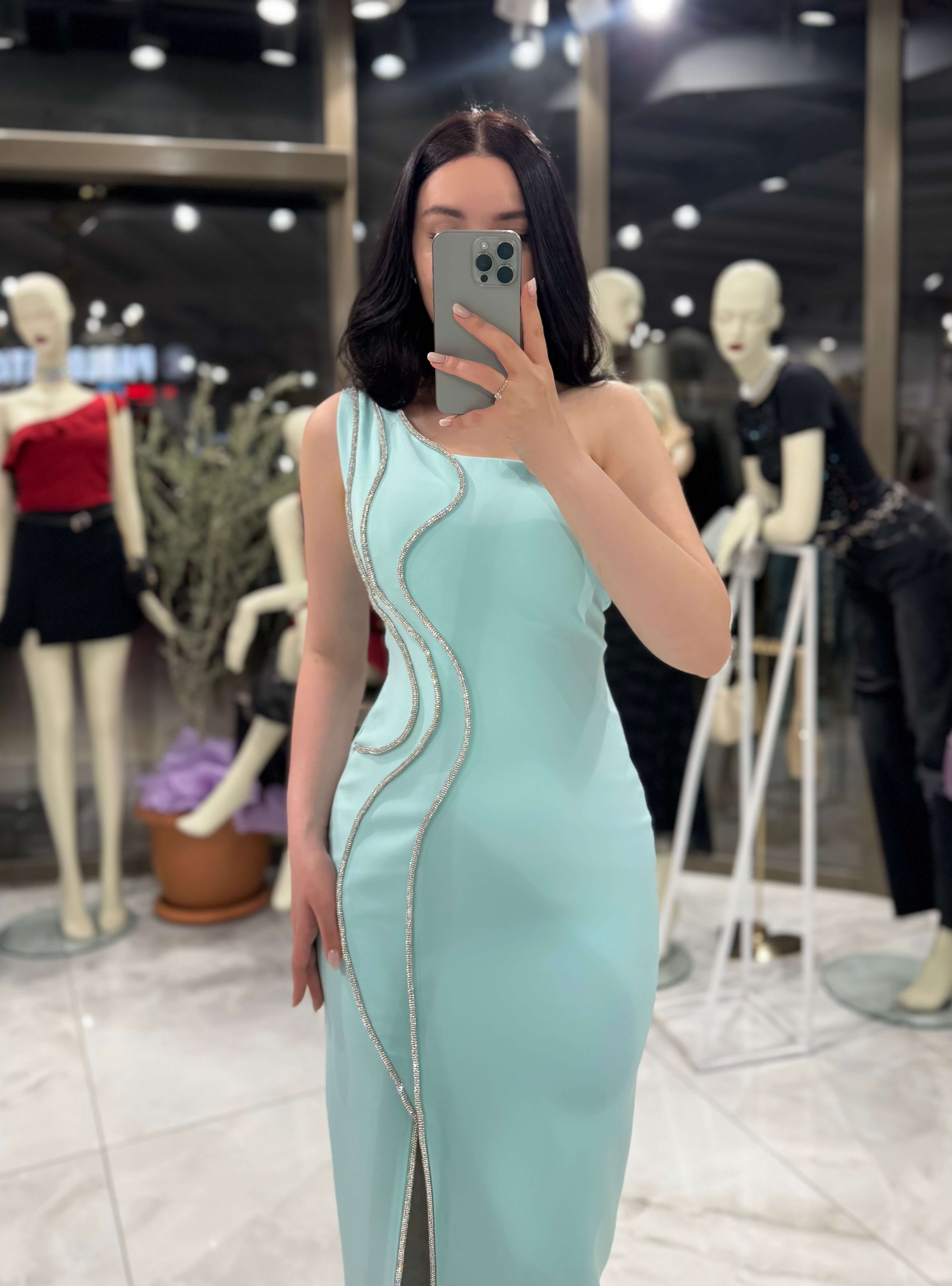 Ayana Tek Omuz Taş Dalgalı Detay Önü yırtmaçlı Midi Boy Abiye Elbise Tiffany
