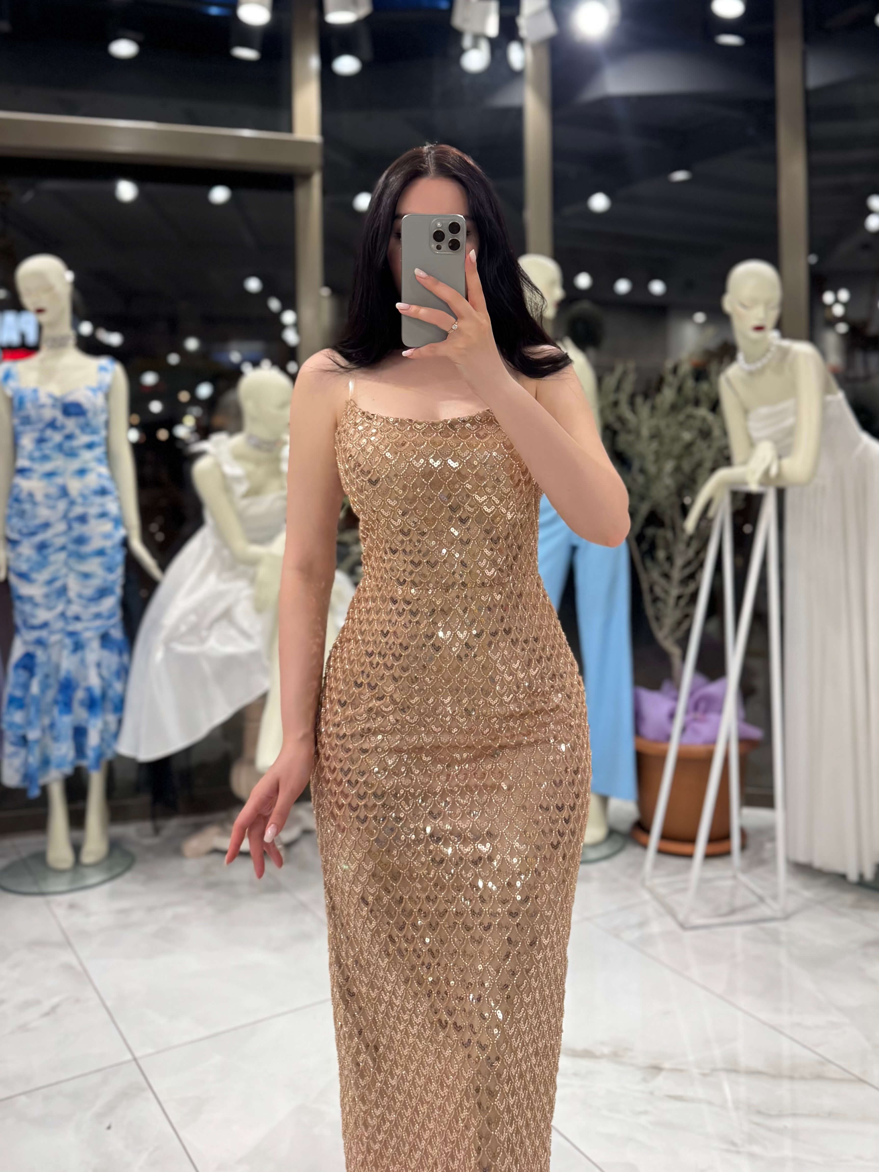 Silviya Straplez Pul Payet İşlemeli Elbise Midi Abiye Koyu Gold