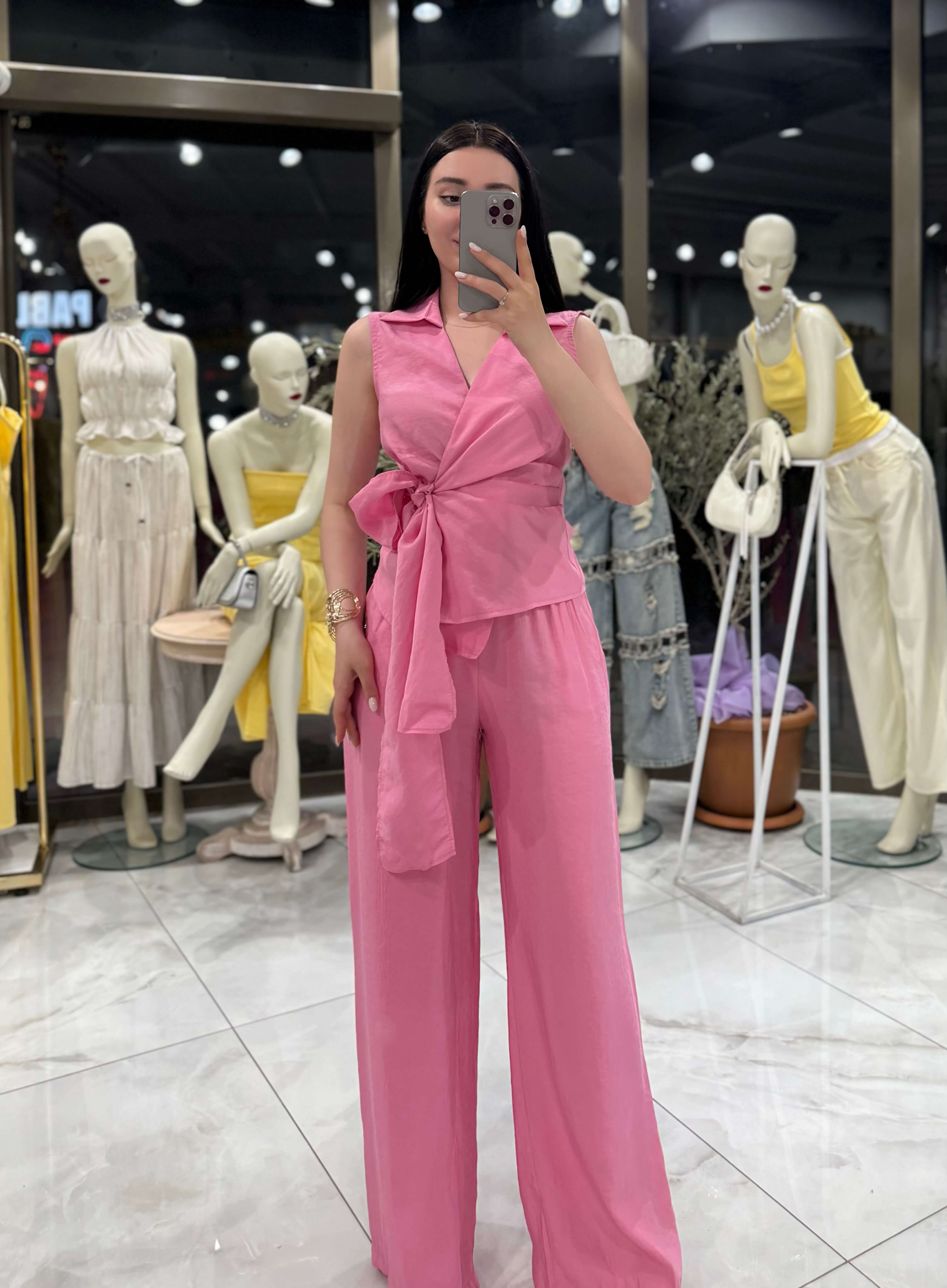 Tarni Beli Lastiklı Rahat Kalıp Bol Paça Pantolon Pembe