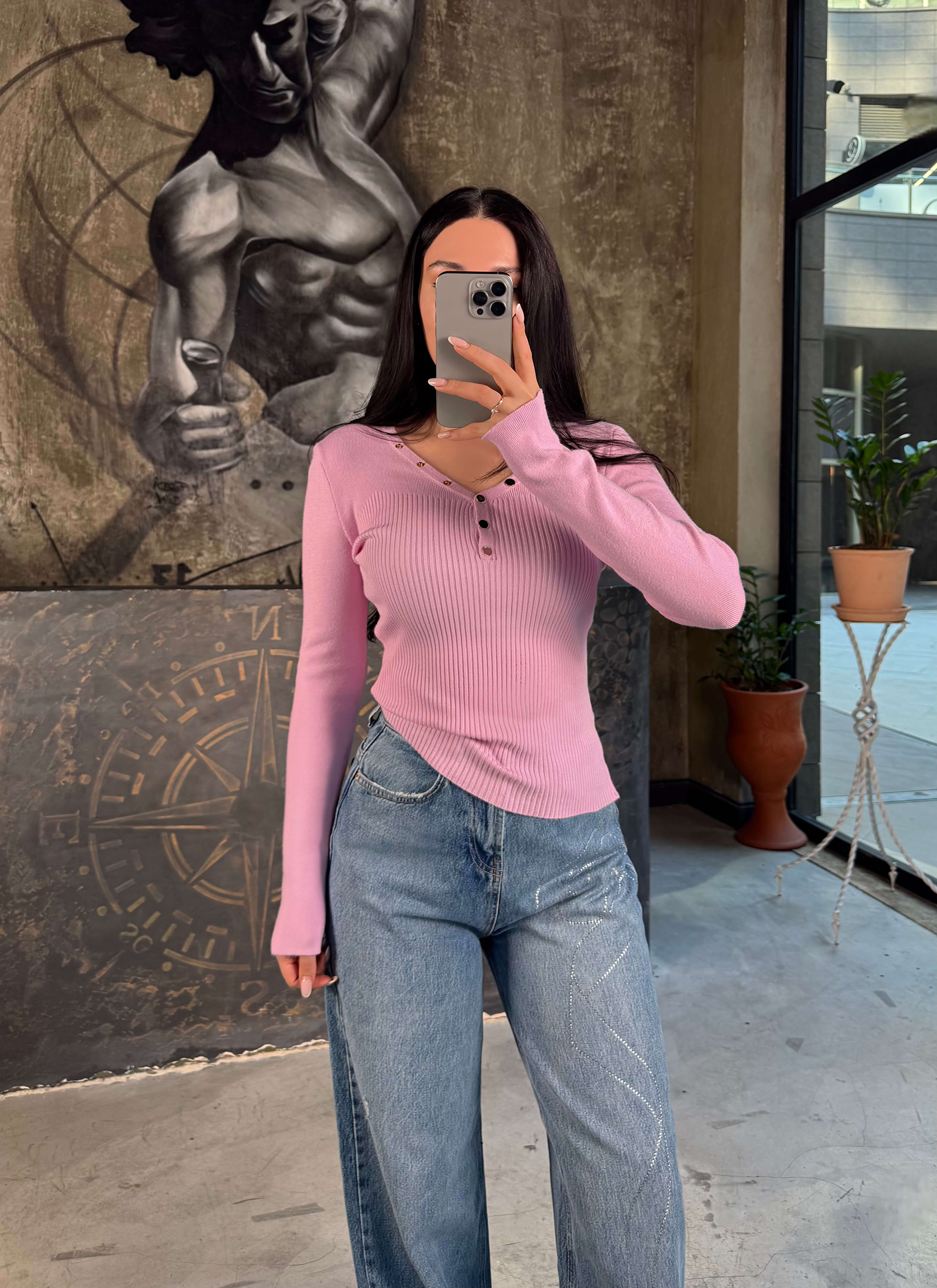 Raya Çıtçıtlı Fitilli Body Kazak Pembe