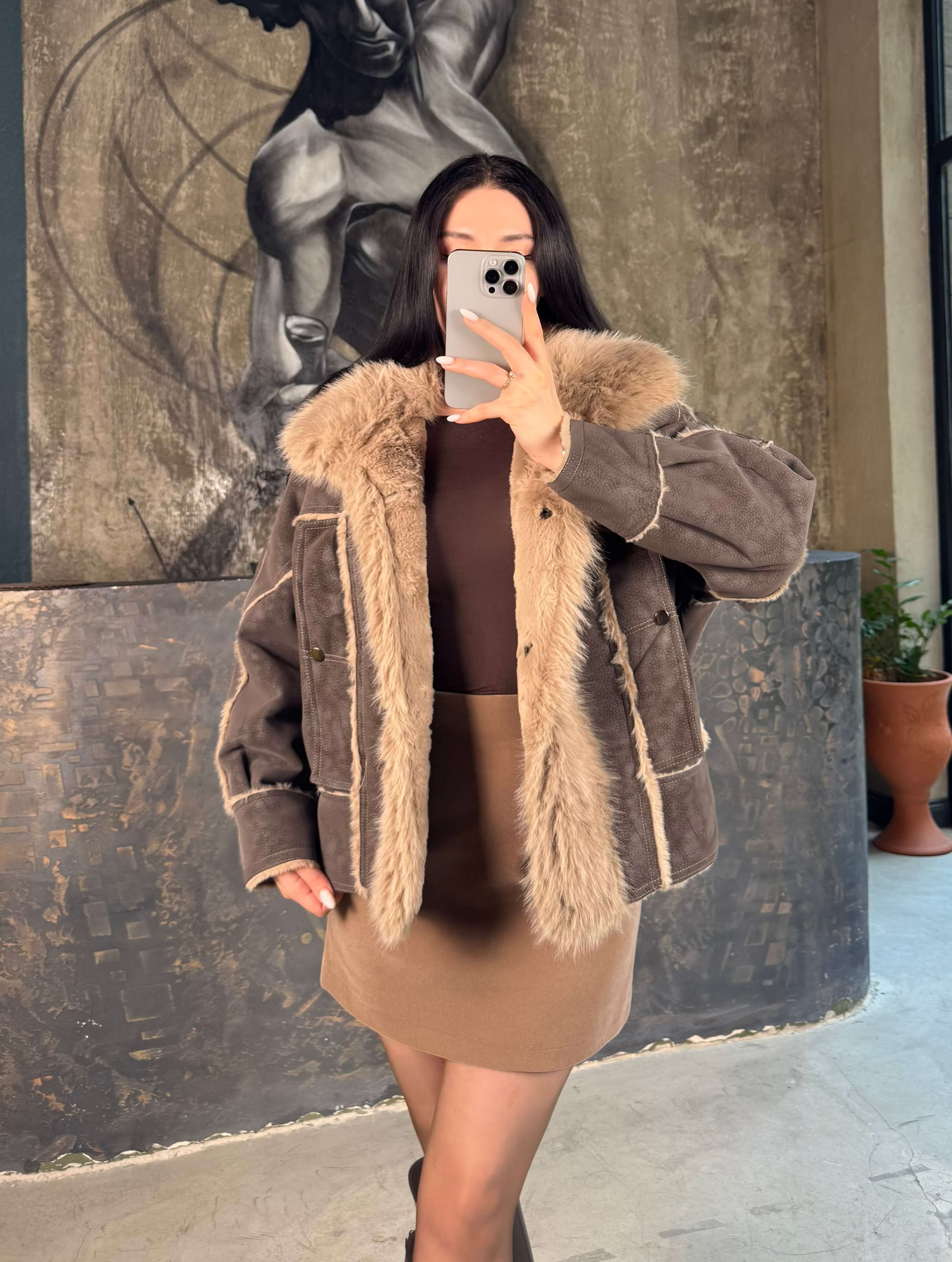 Serena İçi Full Kürk Dışı Nubuk Sakallı Mont Vizon