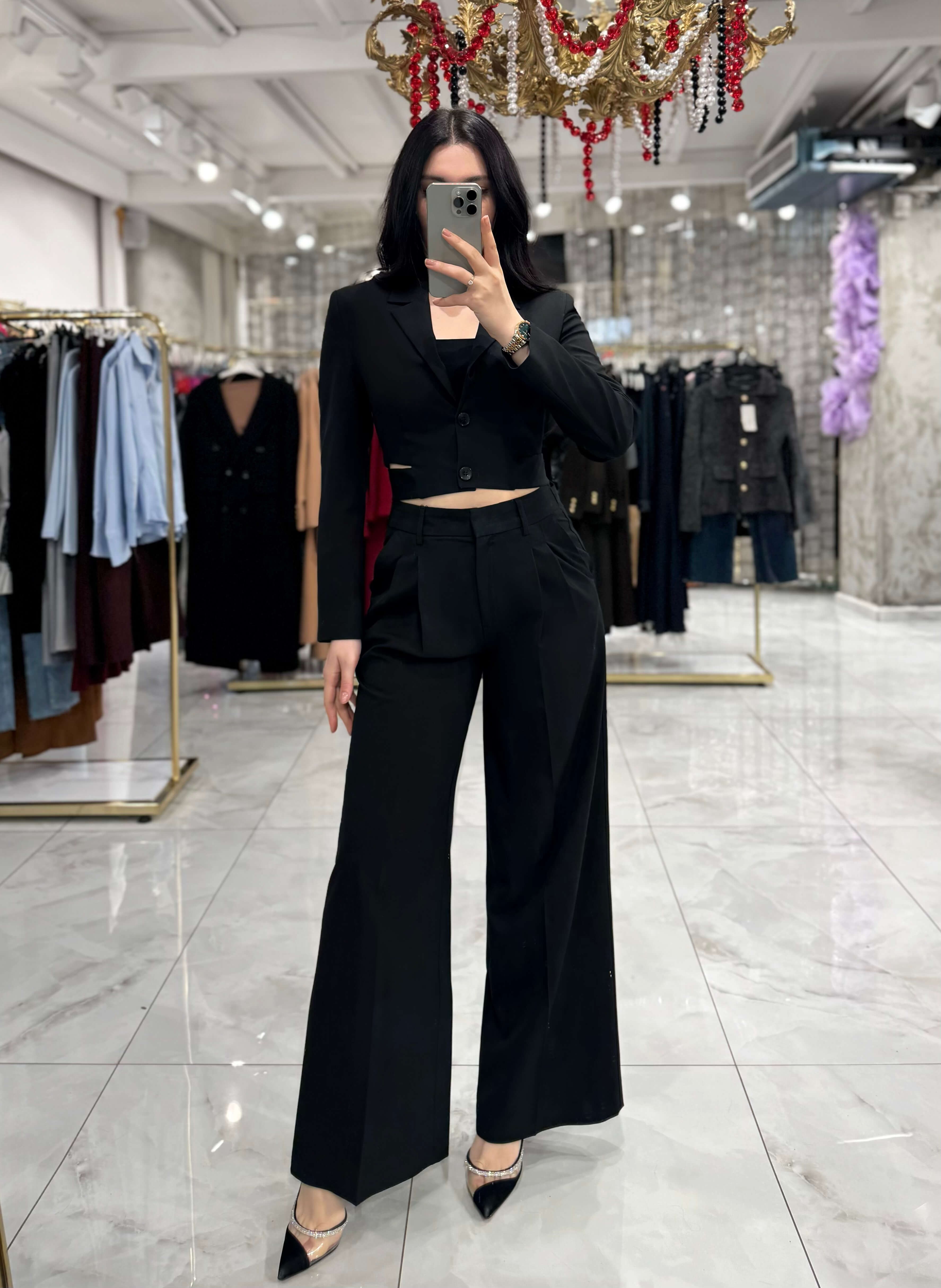 Savur Ekstra Geniş Paça Ayarlanabilir Pantalon Siyah