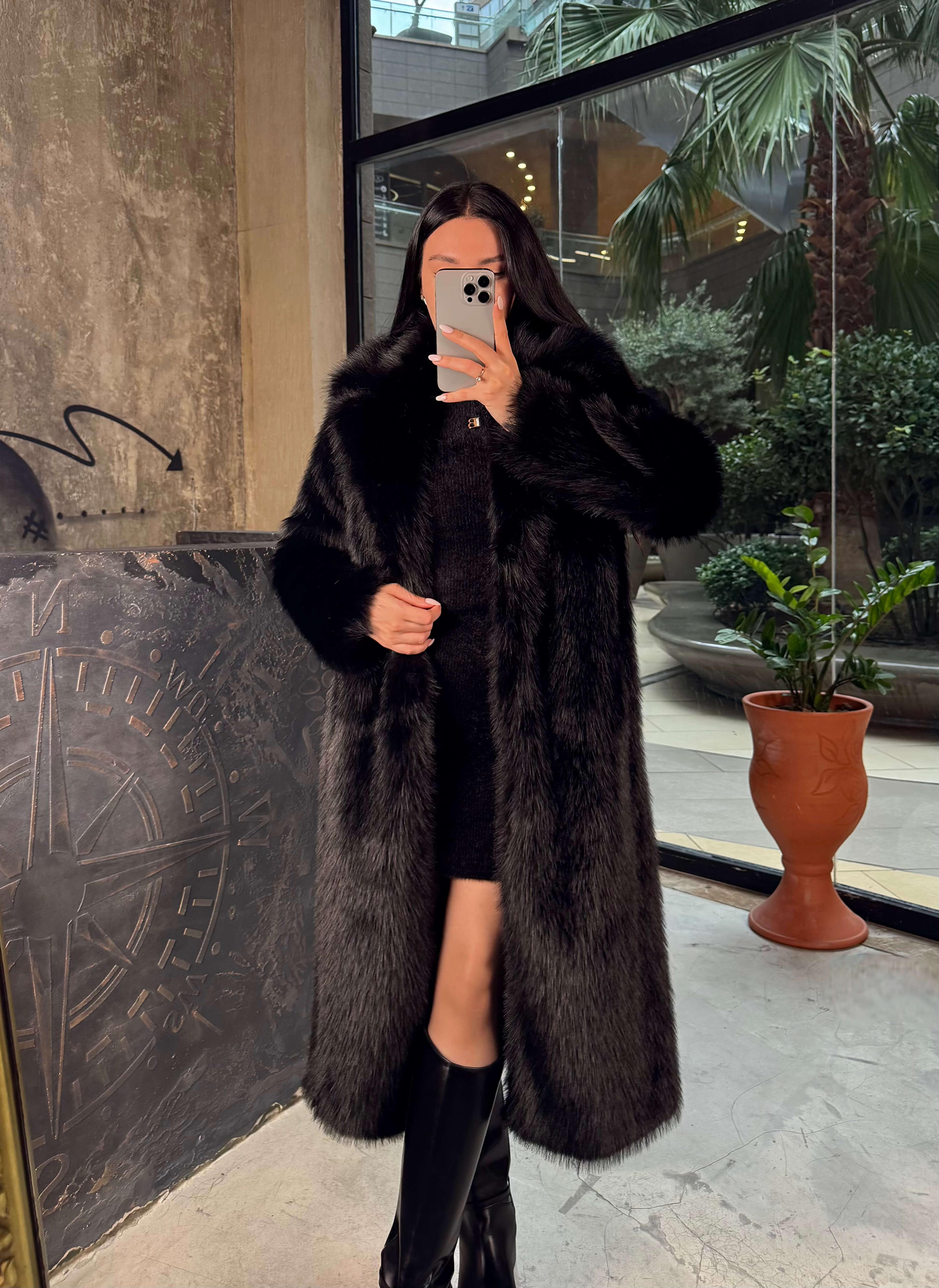 Loyra Kruvaze Yaka Uzun Kürk Kaban Siyah