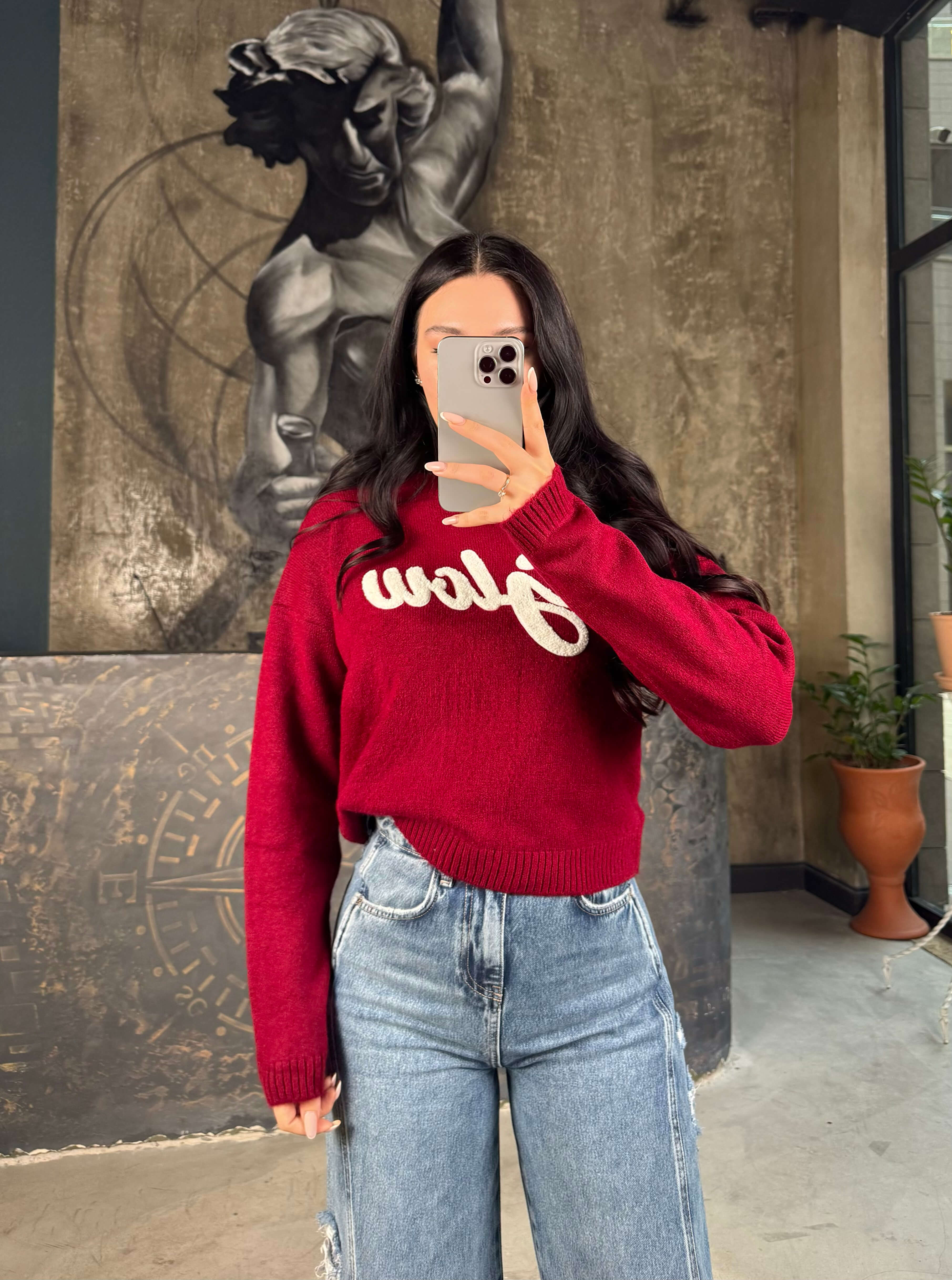 Glow Bisiklet Yaka Triko Kazak Bordo