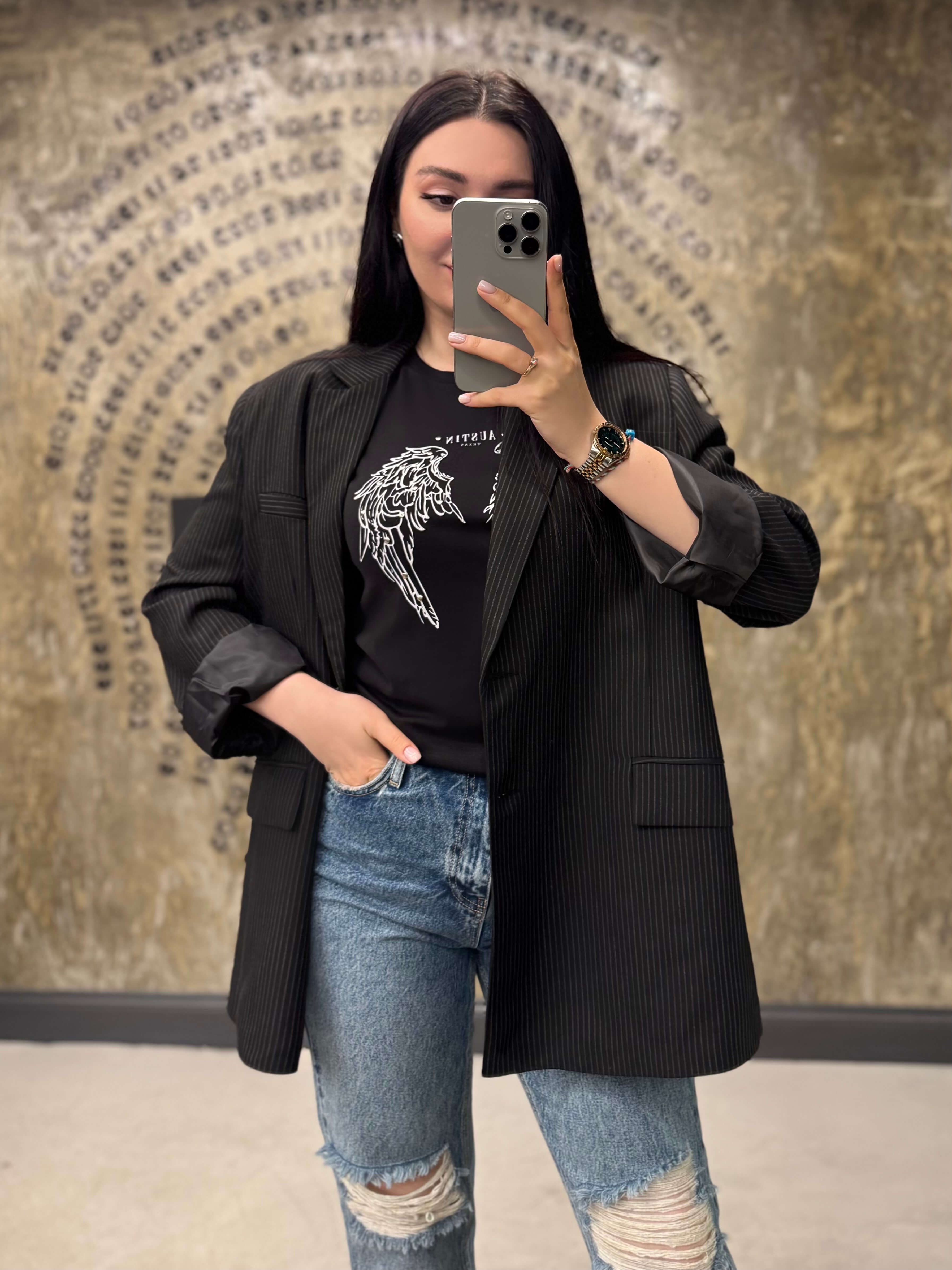 Ouen Gri İnce Çizgi Oversize Boyfriend Kesim Blazer Ceket Siyah