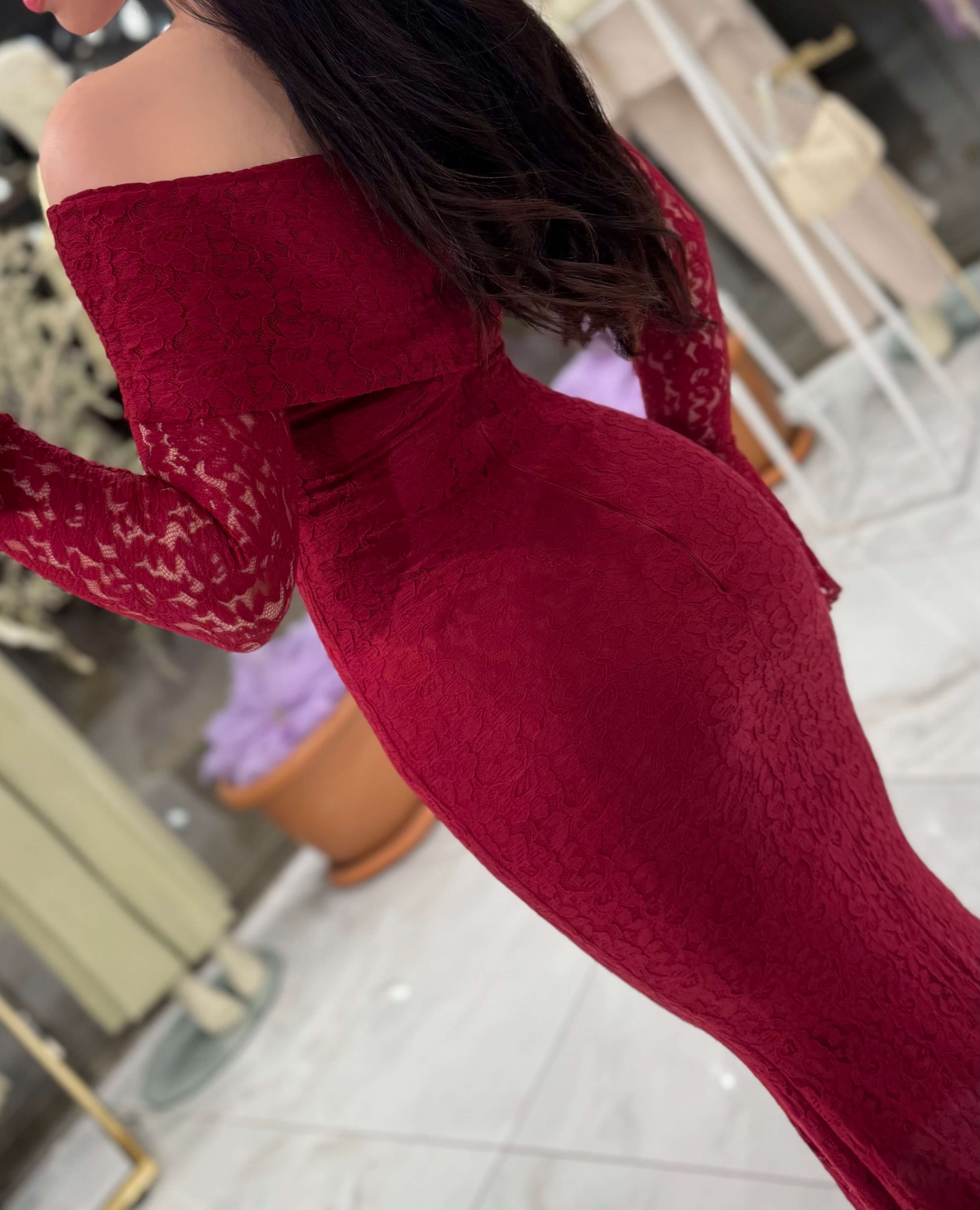 Villana Madonna Yaka Uzun Kol Midi Boy Dantel Elbise Bordo