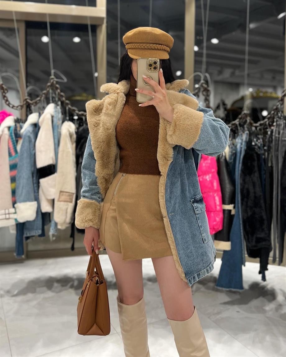 Leksa Uzun İçi Kürklü Kot Mont Camel