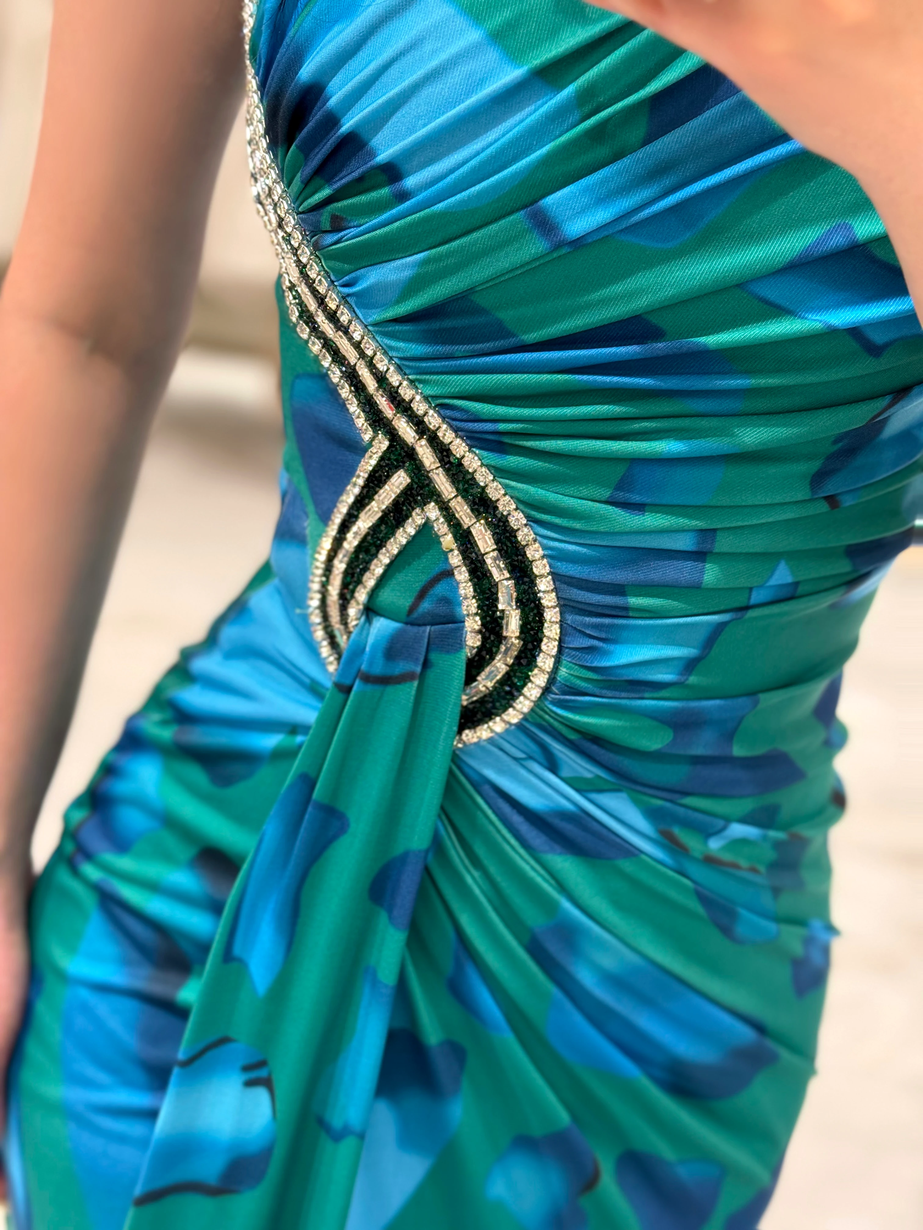 Edna Önü Taş Detaylı Büzgülü Arkası Fermuarlı Astarlı Elbise Yeşil