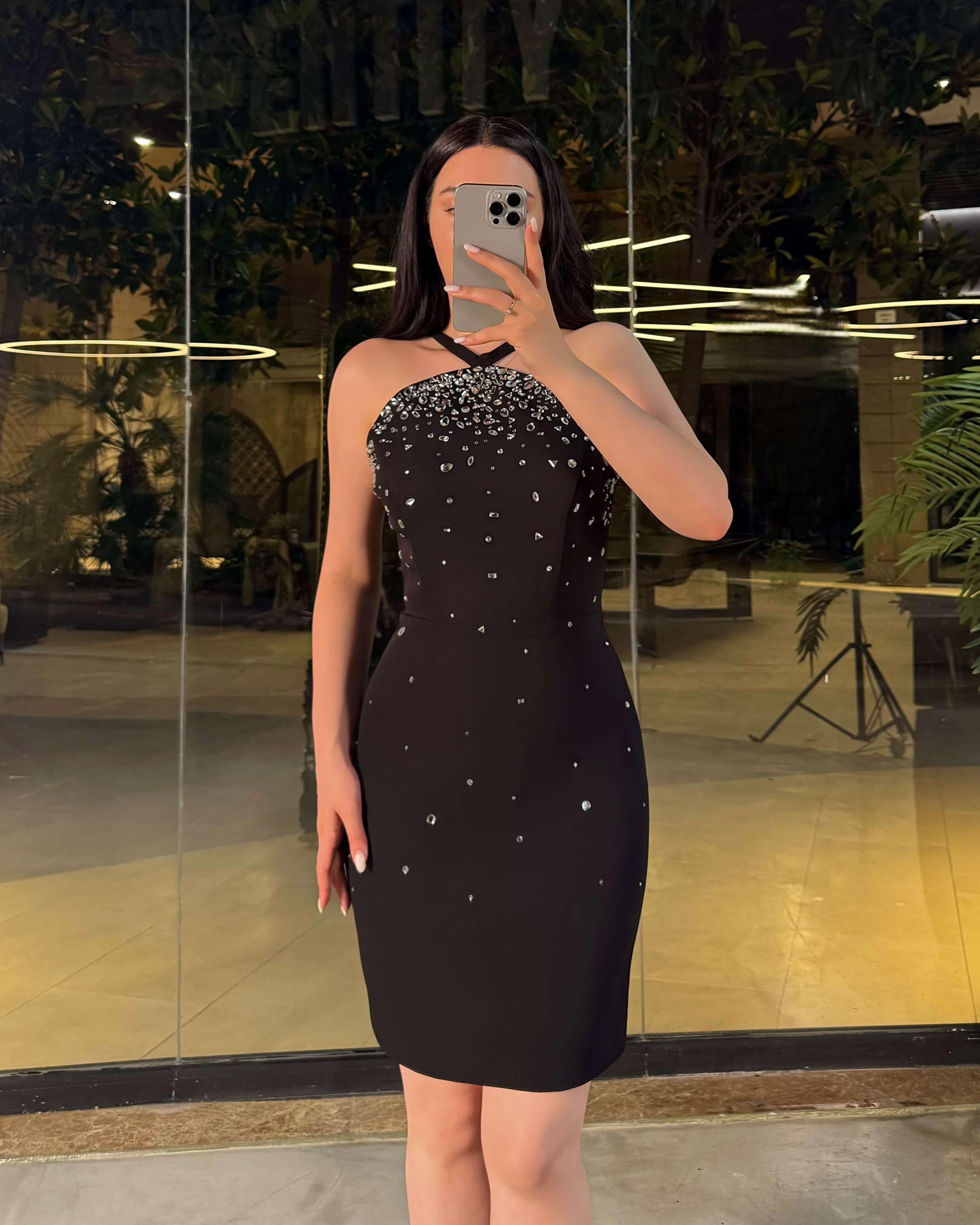 Astella Halter Yaka Taş İşlemeli Mini Boy Elbise Abiye Siyah