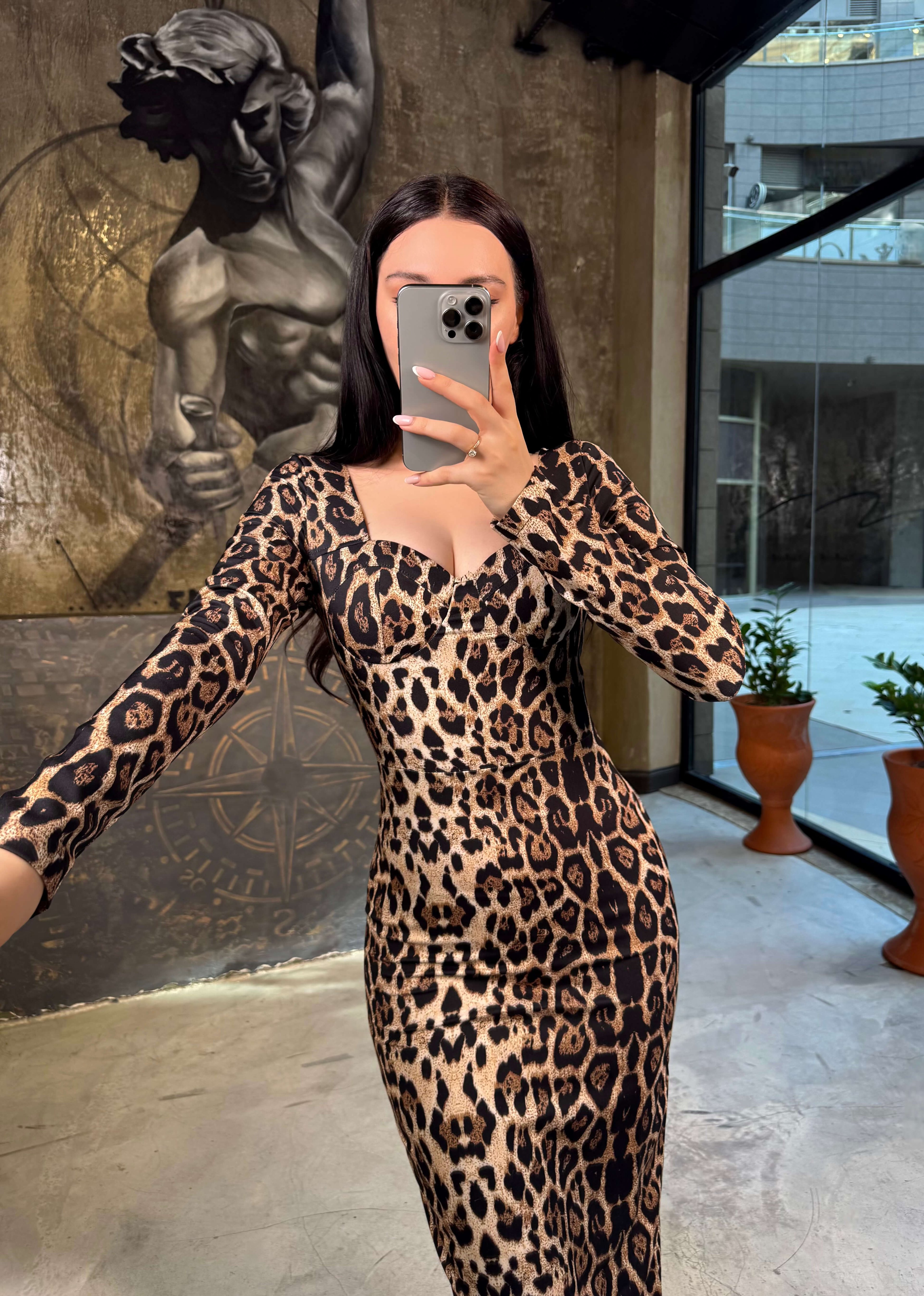 Sia Uzun Kol Midi Slim Elbise Leopar