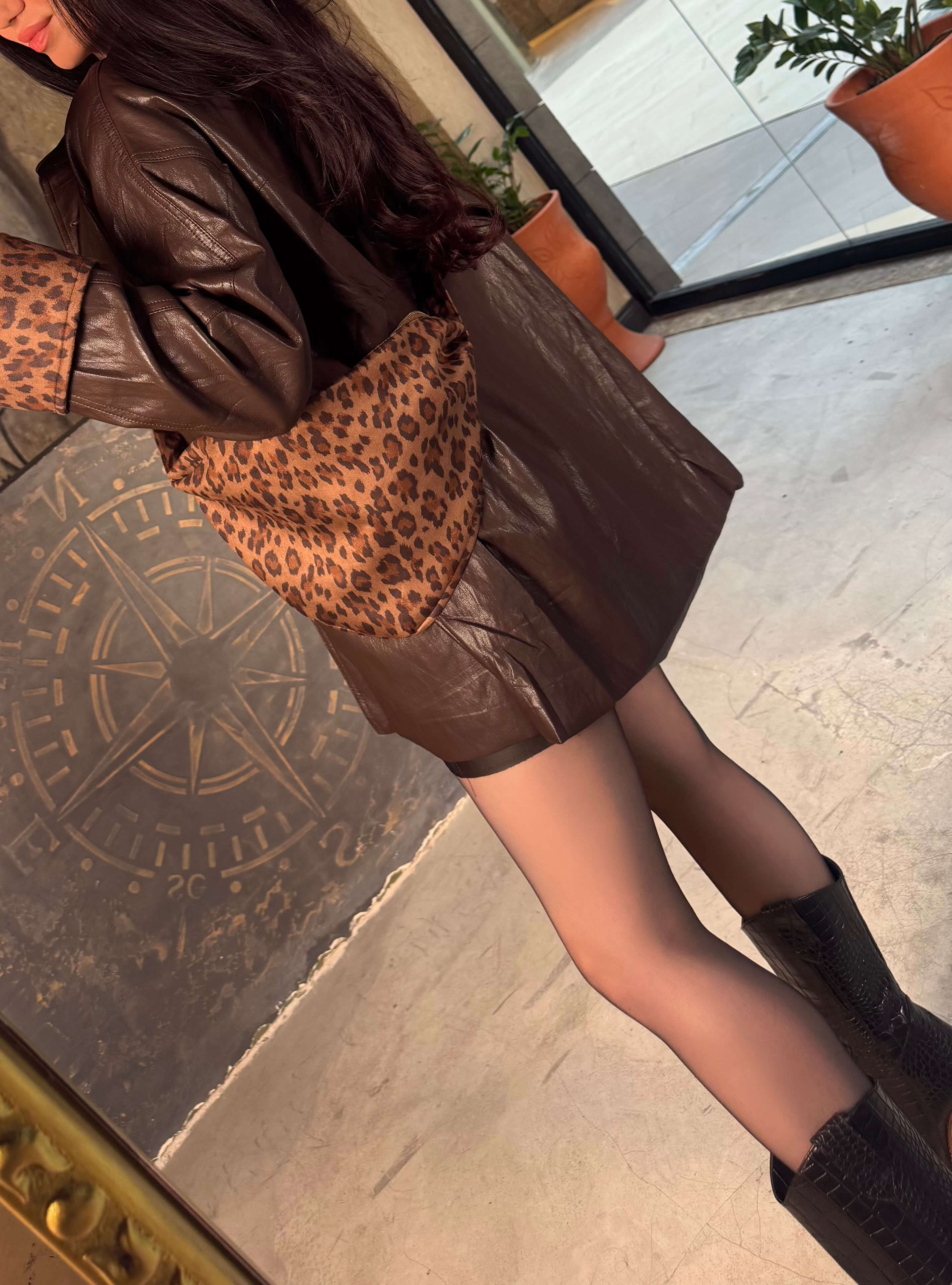 Arven Çantalı Astarı Leopar Vintage Deri  Ceket Kahve