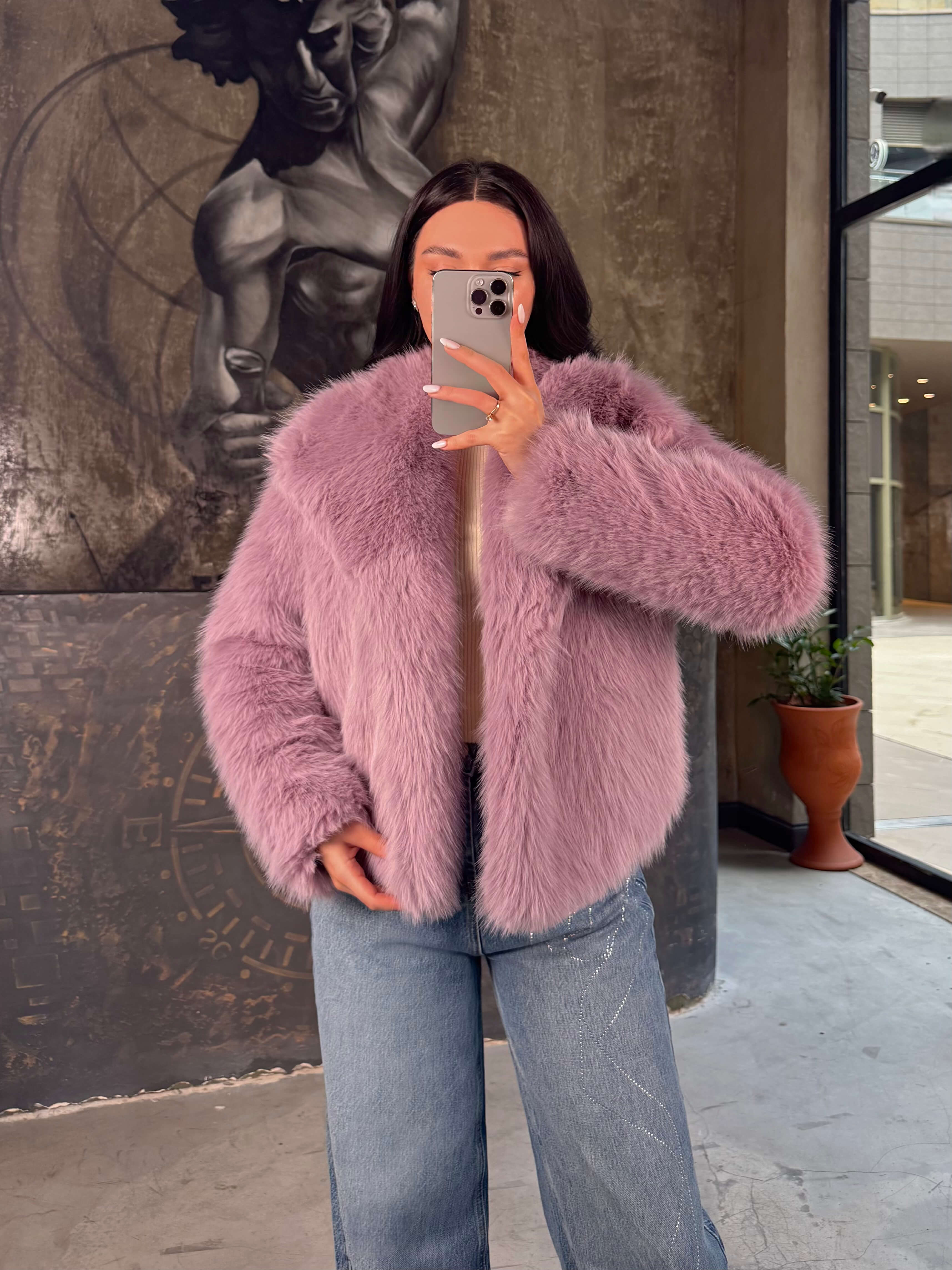 Heyra Şal Yaka Kürk  Kısa Kaban-Lila