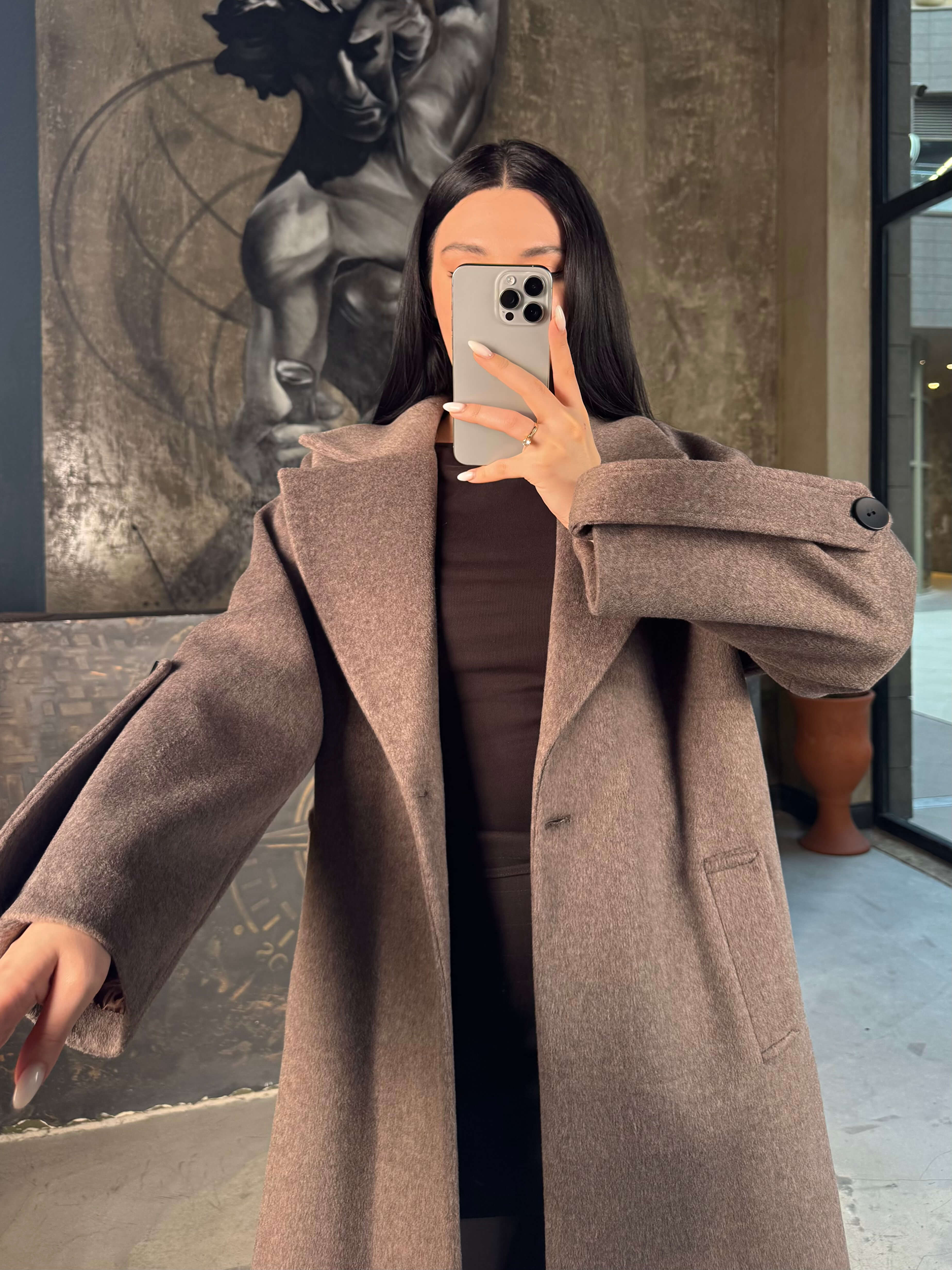 Tarian Kolları Yan Apoletli Yun Karışımlı Kuşaklı Düğmeli Rahat Kalıp Kaban Kahve