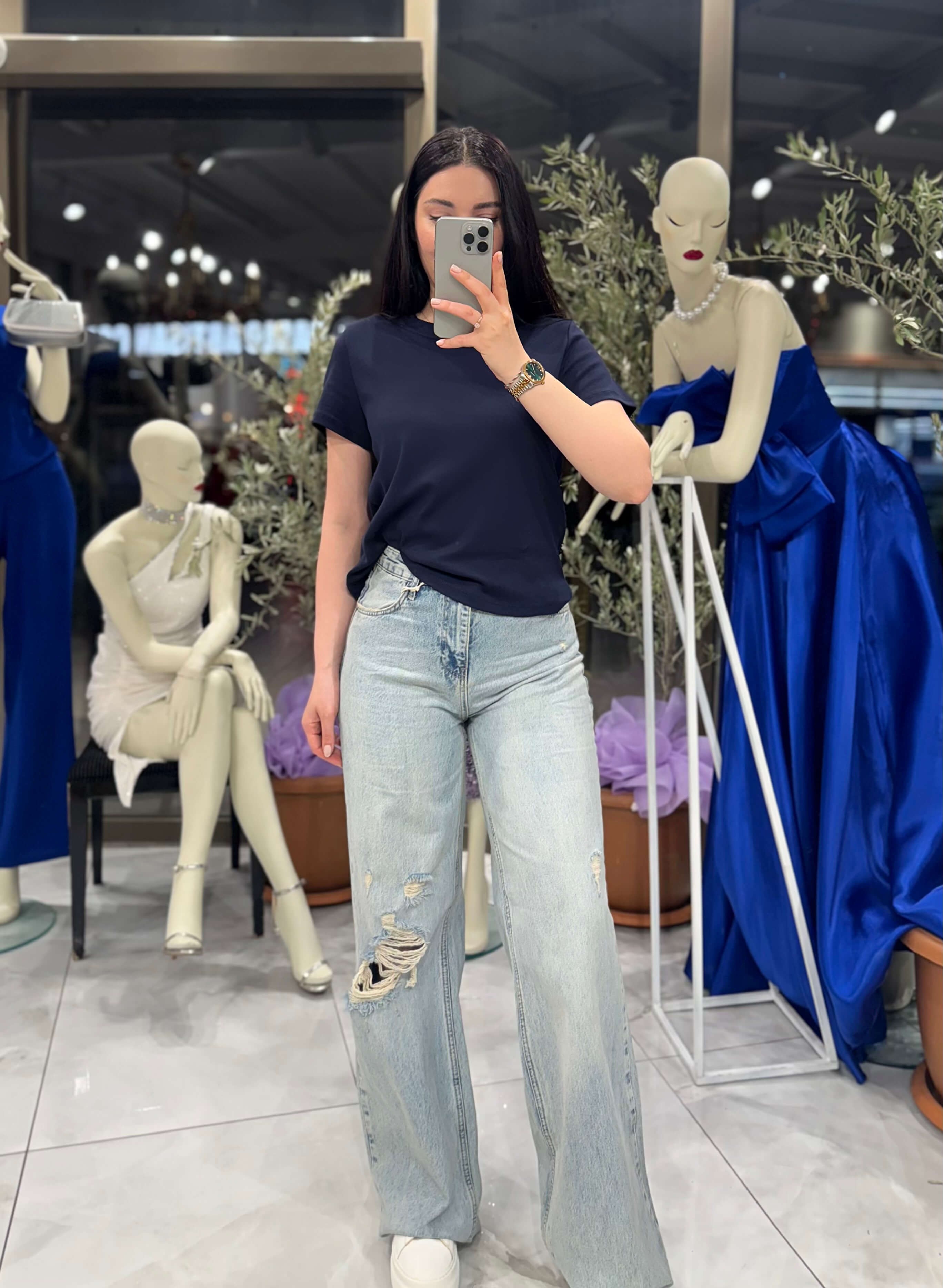 Leysi Bol Paça Yüksek Bel Kot Pantolon Tint Mavi