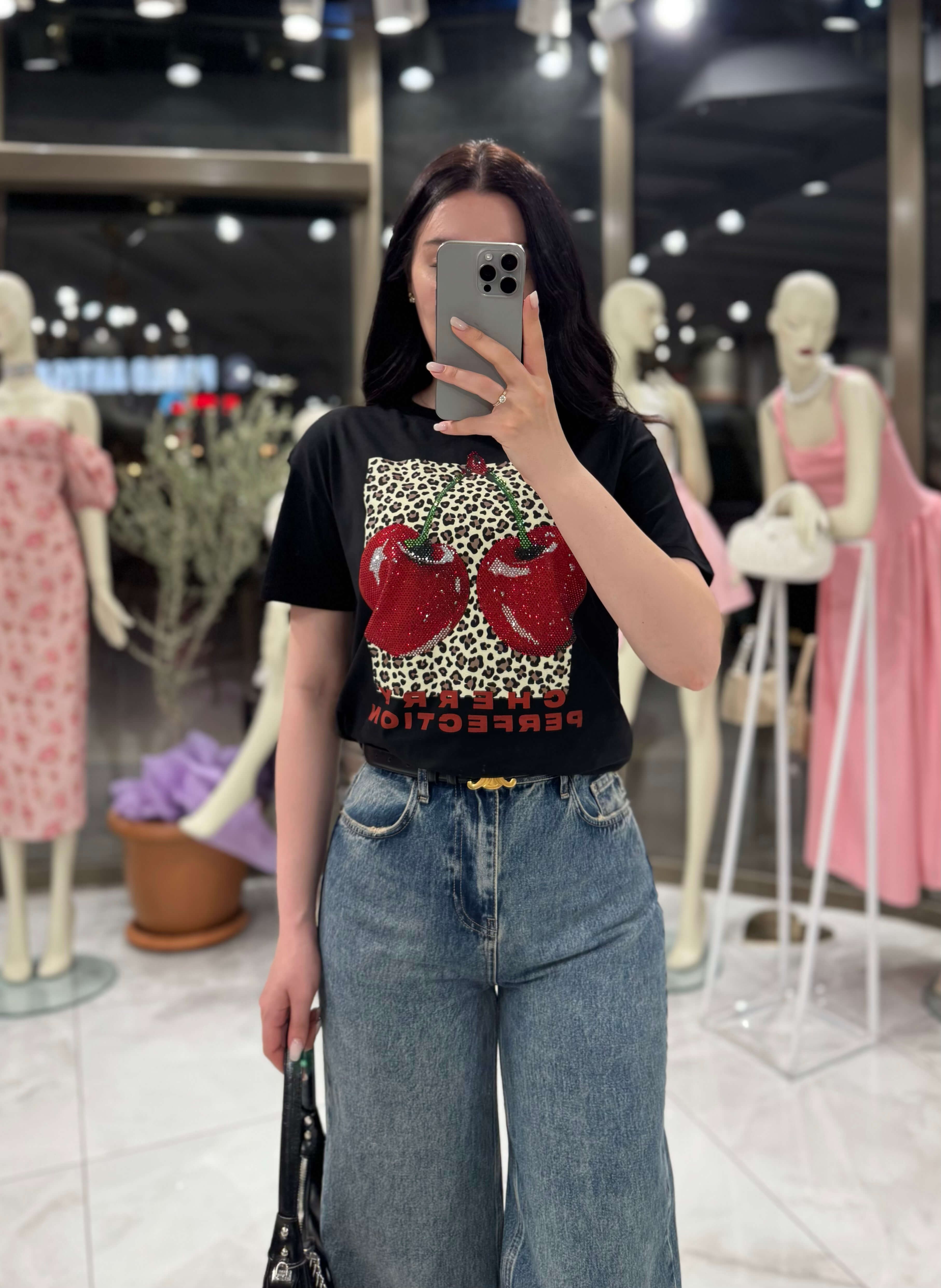 Leroy Leopar Taş İşlemi T-Shirt Siyah