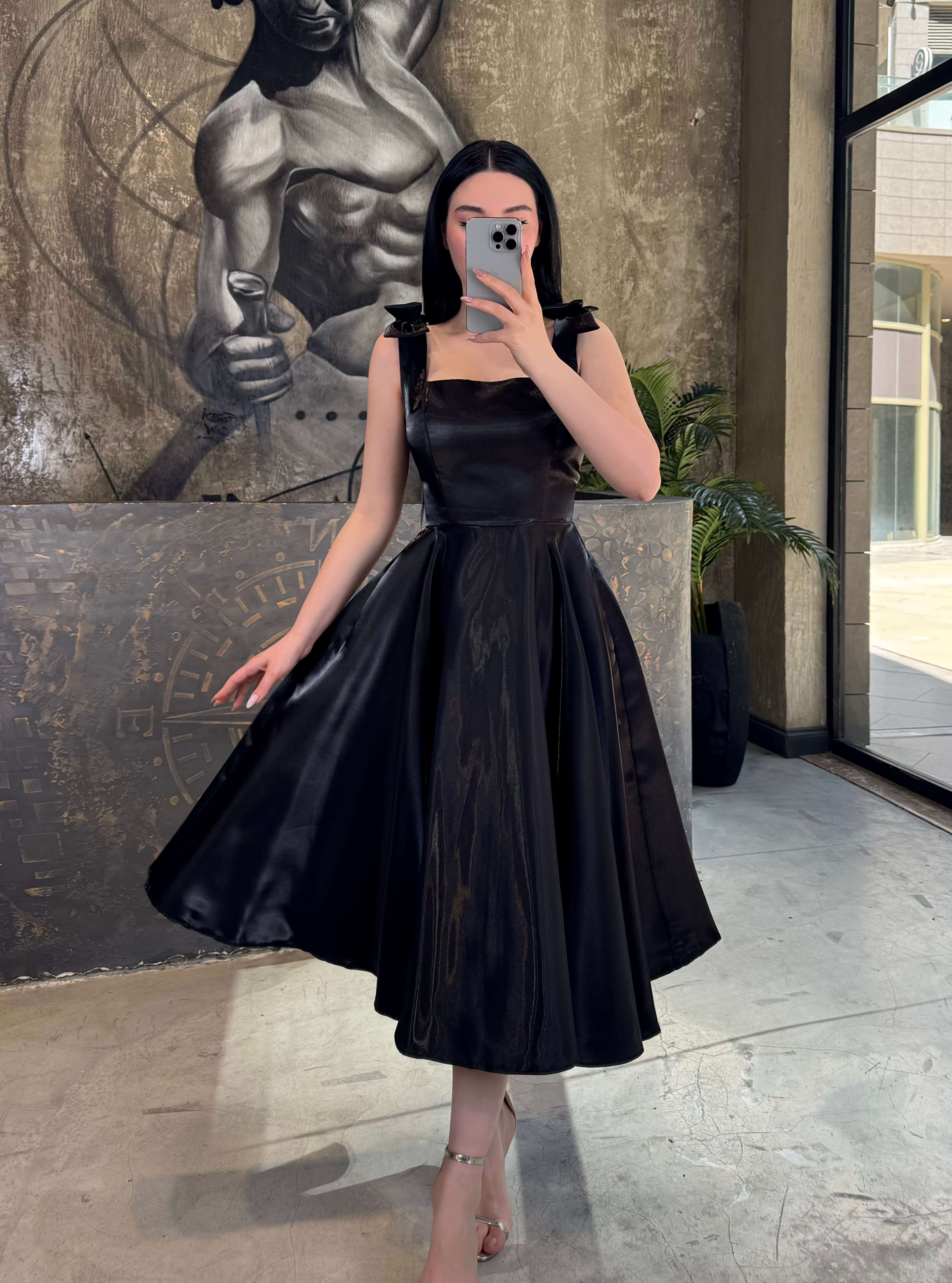 black shiny midi dress Shiny midi dress with gathered skirt :: LICHI