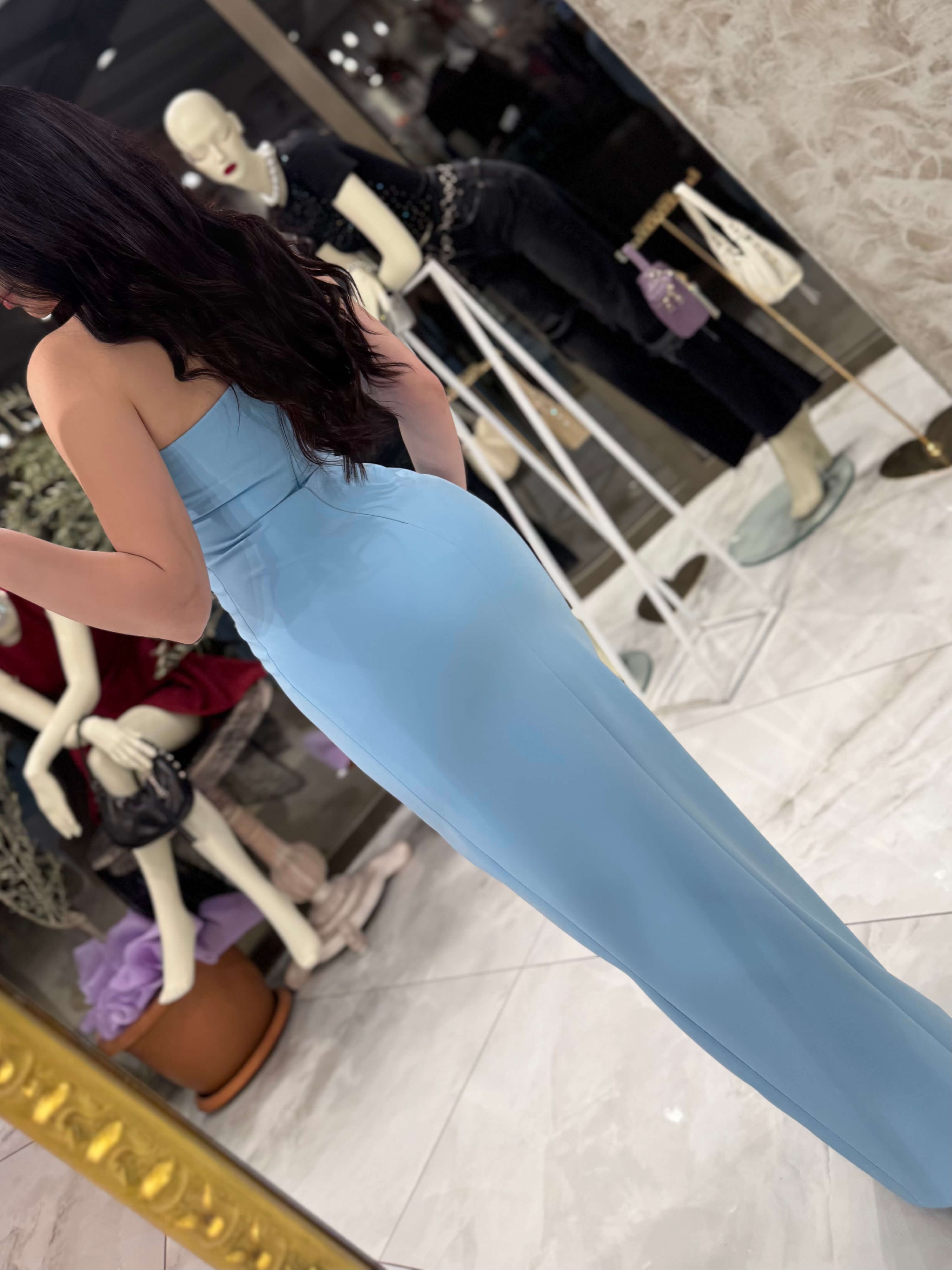Ayana Tek Omuz Taş Dalgalı Detay Önü yırtmaçlı Midi Boy Abiye Elbise Bebe mavi