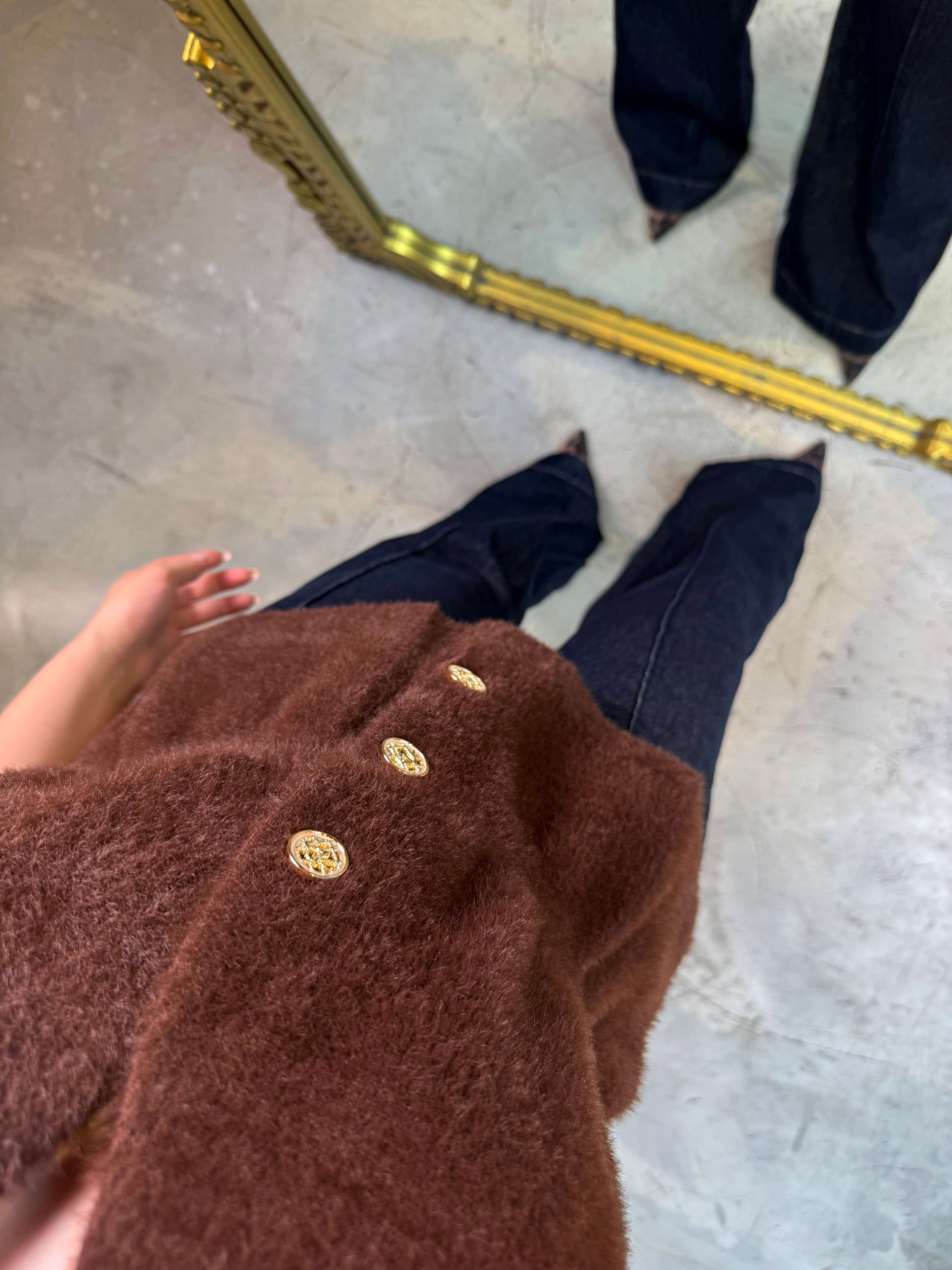 Anna Gold Düğmeli Bel Detaylı Angora Yelek Kahve