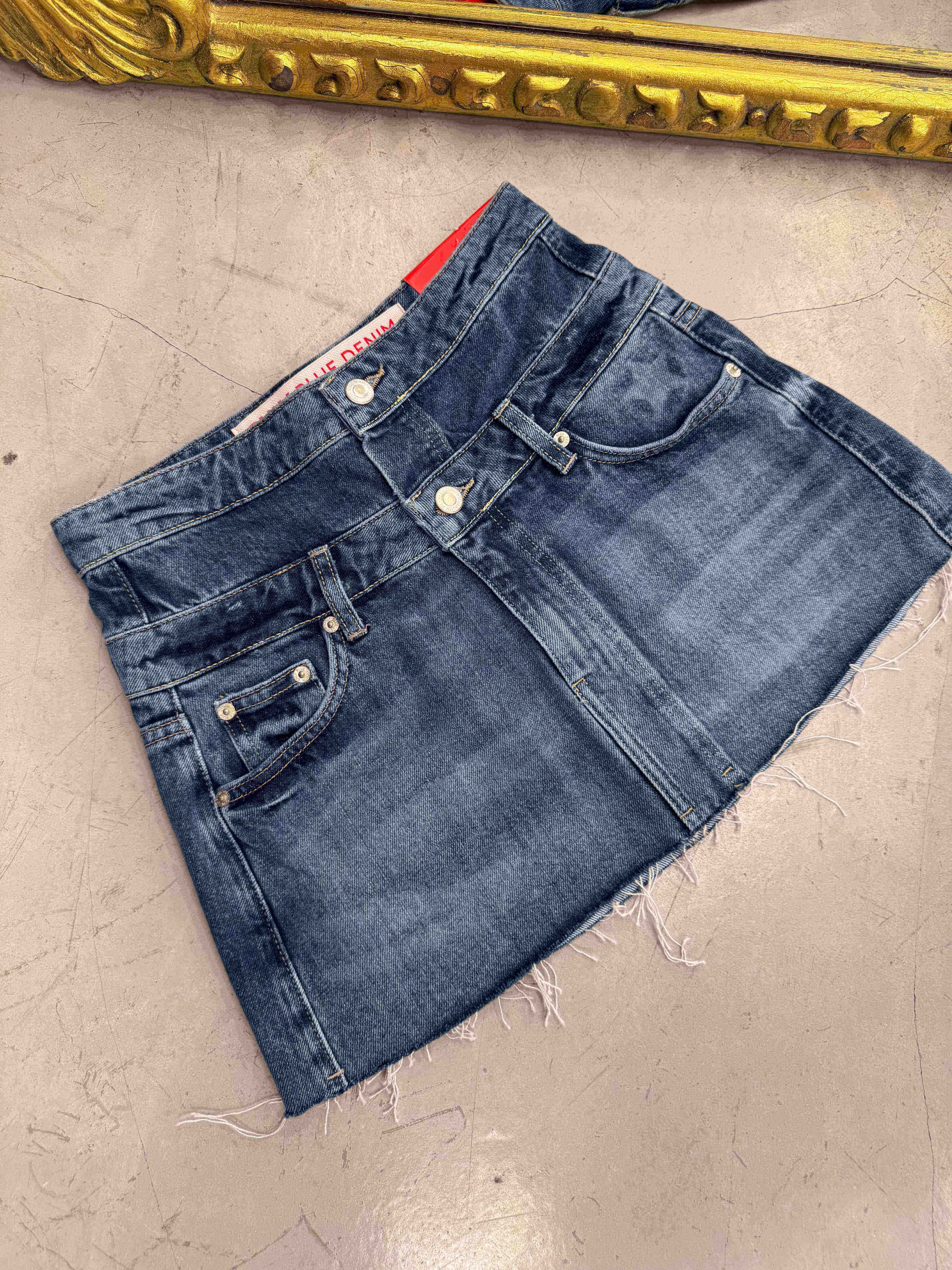Assel Çift Kemer Görünümlü Mini Jean Kot Etek Mavi