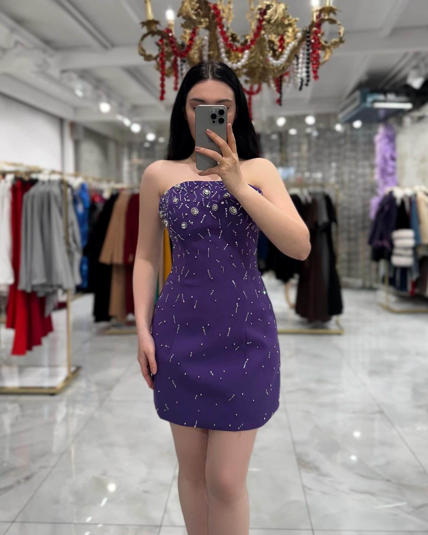 Janiya Özel Tasarım Ful Taş İşlemeli Göğüs Pedli Ve Bantlı Mİni Boy Elbise Mor